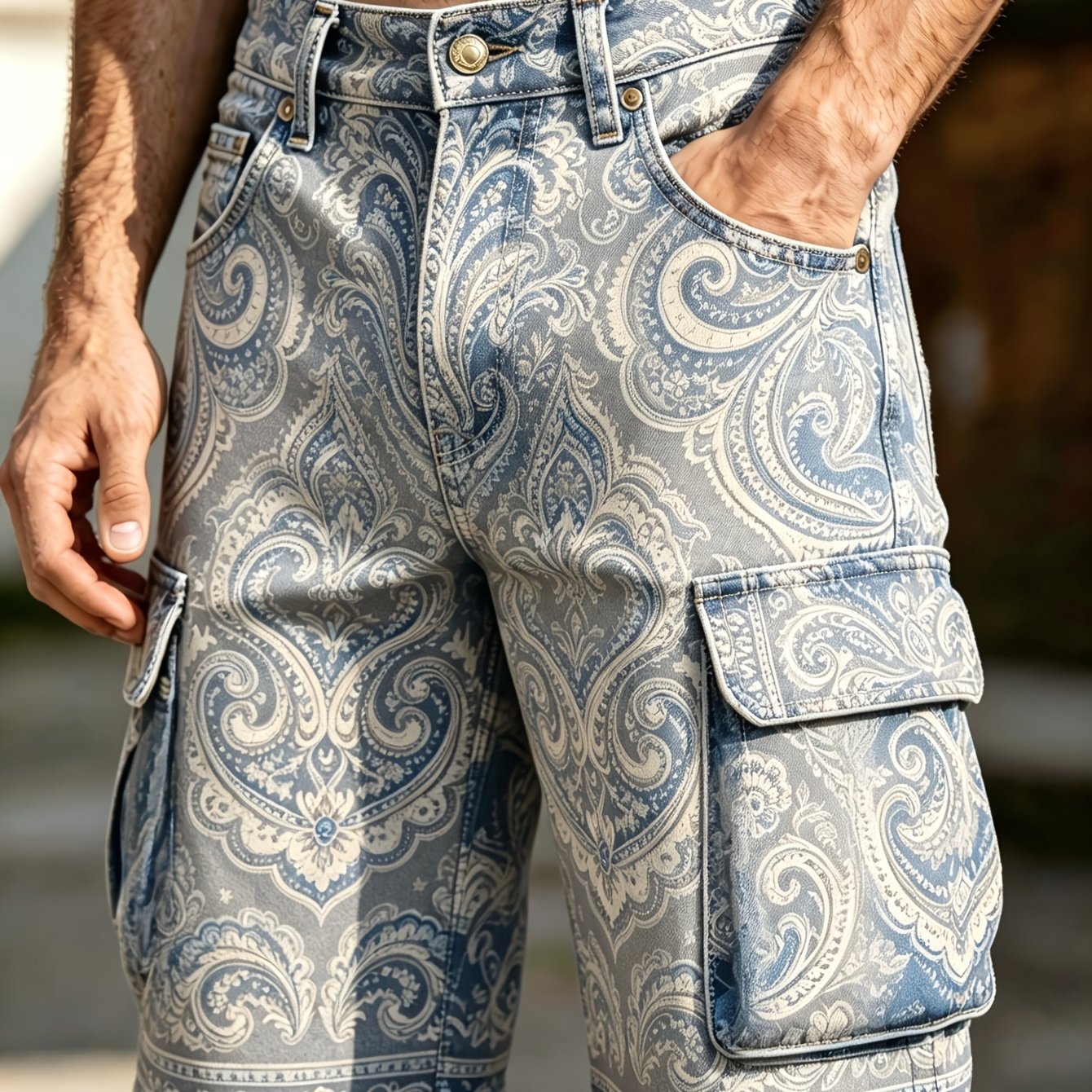 Image of Men's Retro Flower Digital Printing Tooling Shorts, Summer Outdoor Leisure Daily Multi-pocket Bermuda Shorts, American Streetwear And Bottoms