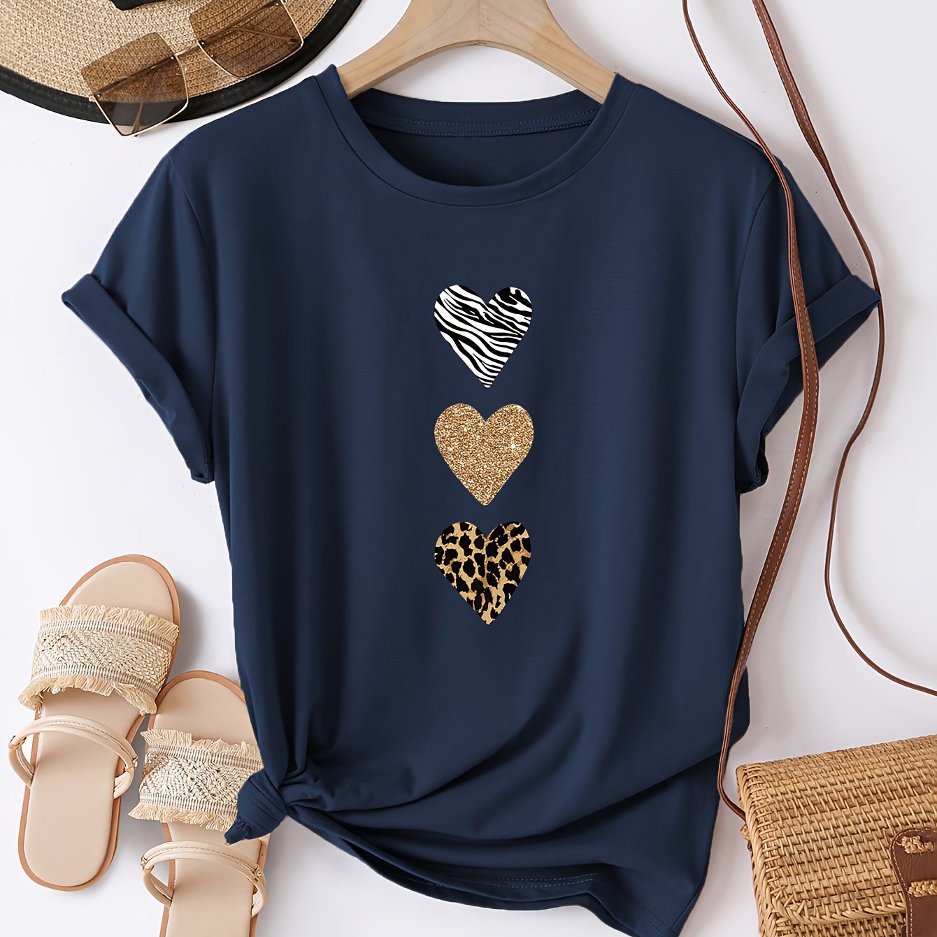 Image of Women's Casual Printed Round-neck T-shirt - Short Sleeve Spring/summer Top, Polyester, Machine Washable, For Casual Wear, Heart Print Design | Daily Wear | Fashionable And Minimalist, Women's Clothing