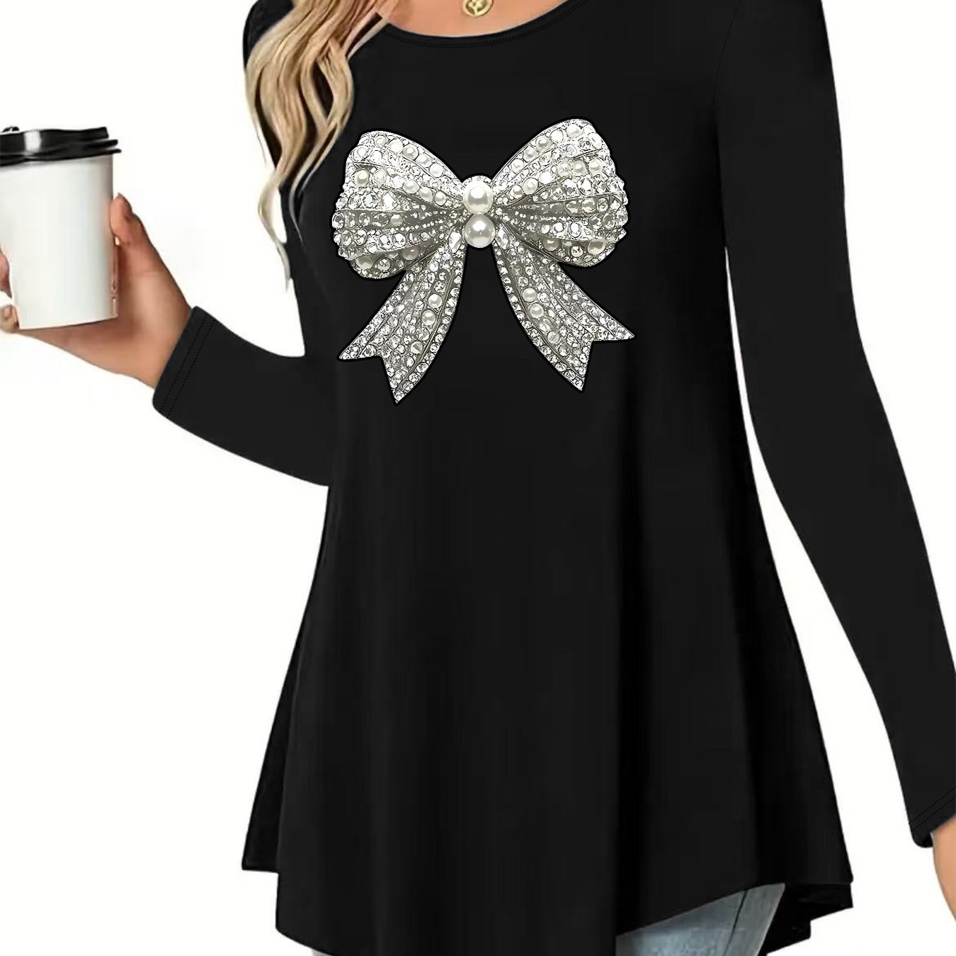 TEMU Women's Fashion Long-sleeve T-shirt With A Printed Design And Round Neck, Suitable For Casual Wear And Autumn