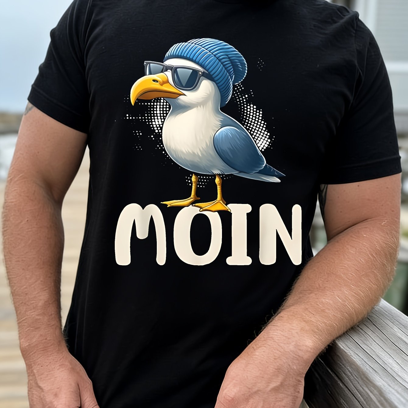 Casual T Shirt Black Seagull With Beanie And Glasses Moin Text Beach Vacation Wear, Plus Size