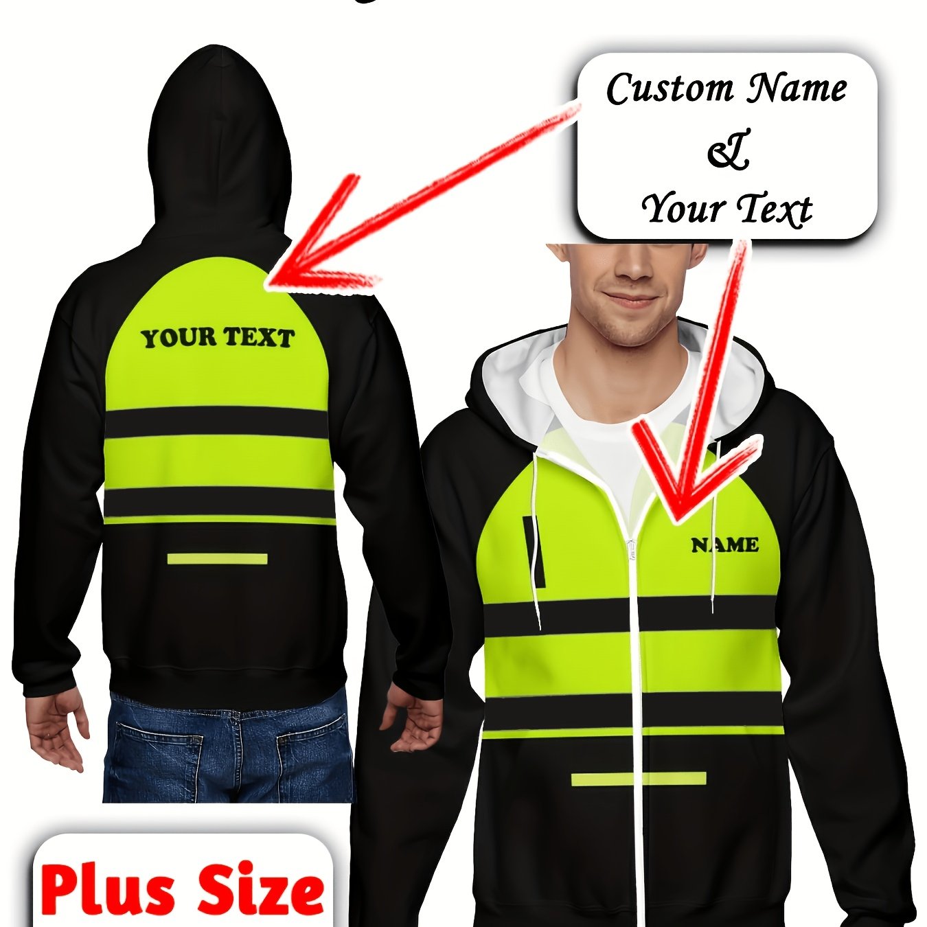 TEMU Plus-size Men's Custom Hoodie, Full-zip Closure Design, Stylish And Functional Outerwear. Features Print With Personalized Name Customization