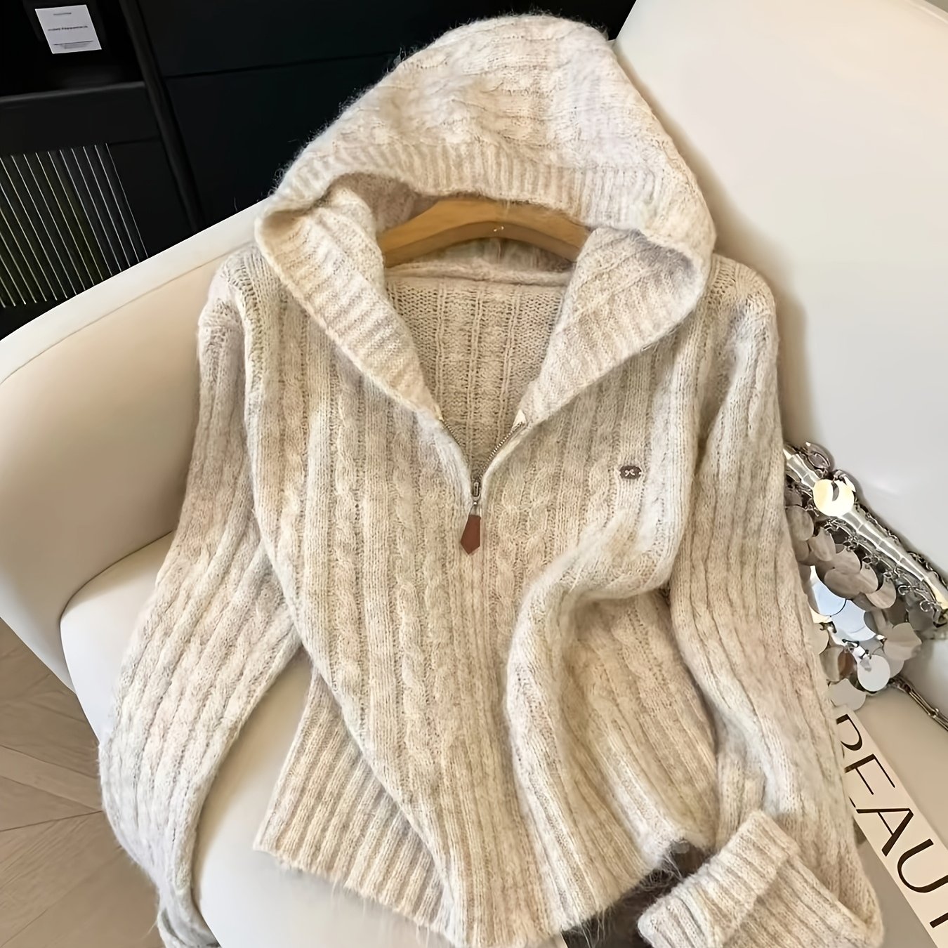 TEMU Nouveau pull coréen légèrement , style , avec capuche, texture câblée, , style mochi, haut pour femmes, idéal pour décontractés, mode