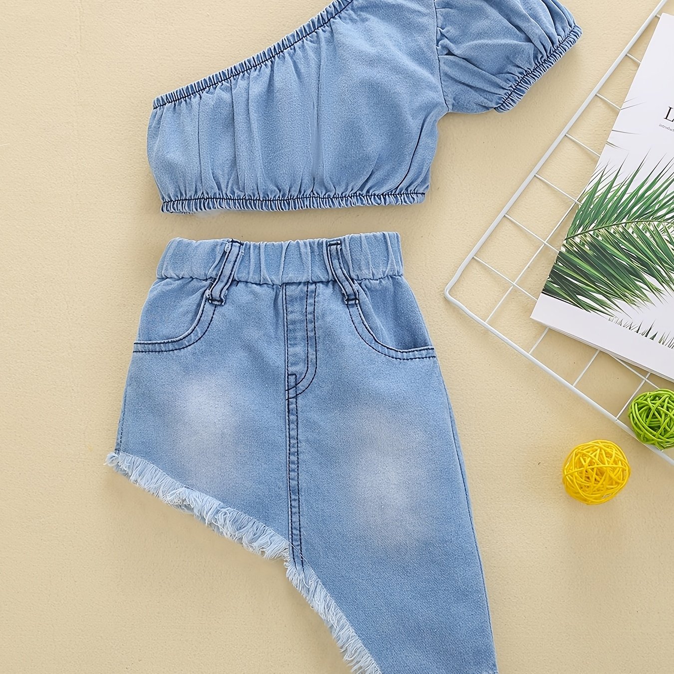 Girls' Off-shoulder Denim Short Sleeve Top And Denim Skirt