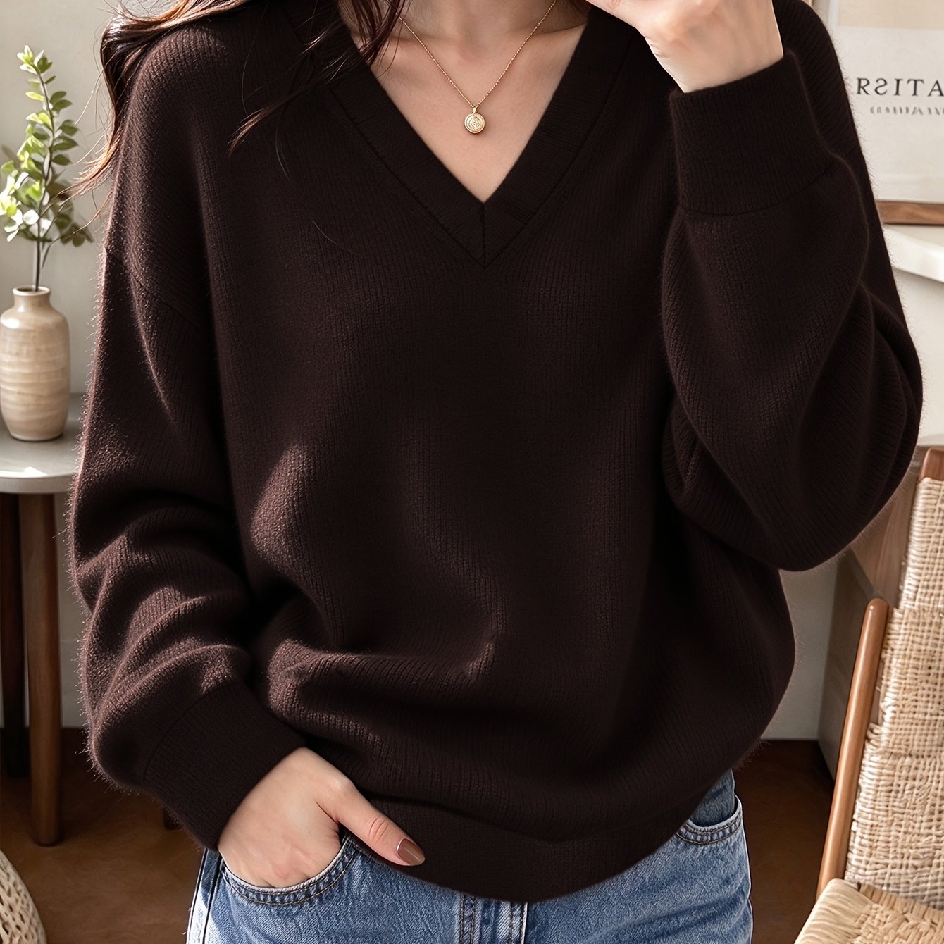 TEMU Women's Oversized Drop Shoulder Sweater - Round Neck Pullover, Loose Layer Top With Medium Elasticity Suitable For Commuting, Casual & Layering,