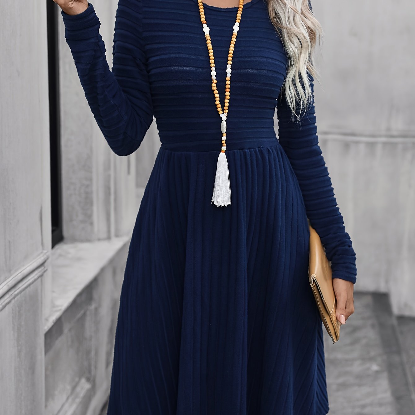 Image of Women's Fashion Round Neck Striped Fabric Long Sleeve Dress