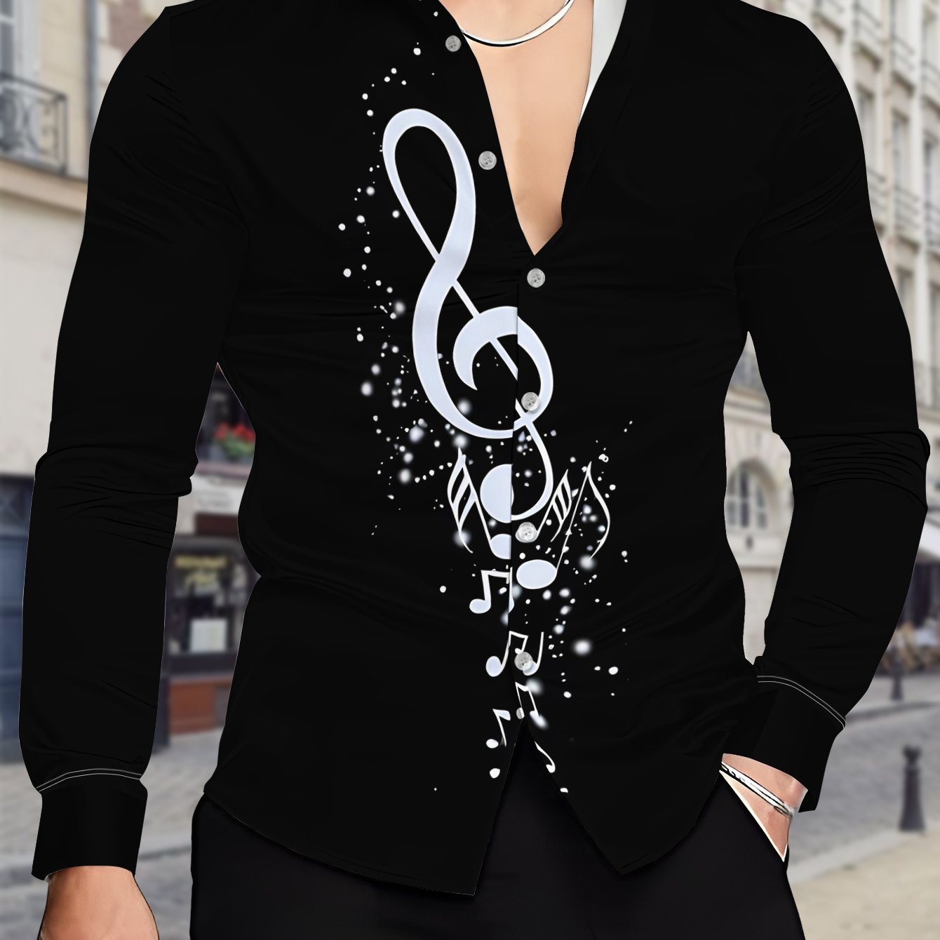 TEMU Men' Print Shimmering -up Shirt - Lapel Collar Loose Fit Long Sleeve Blouse Suitable For Dates, Beach Vacations, Gift For Musicians - Machine