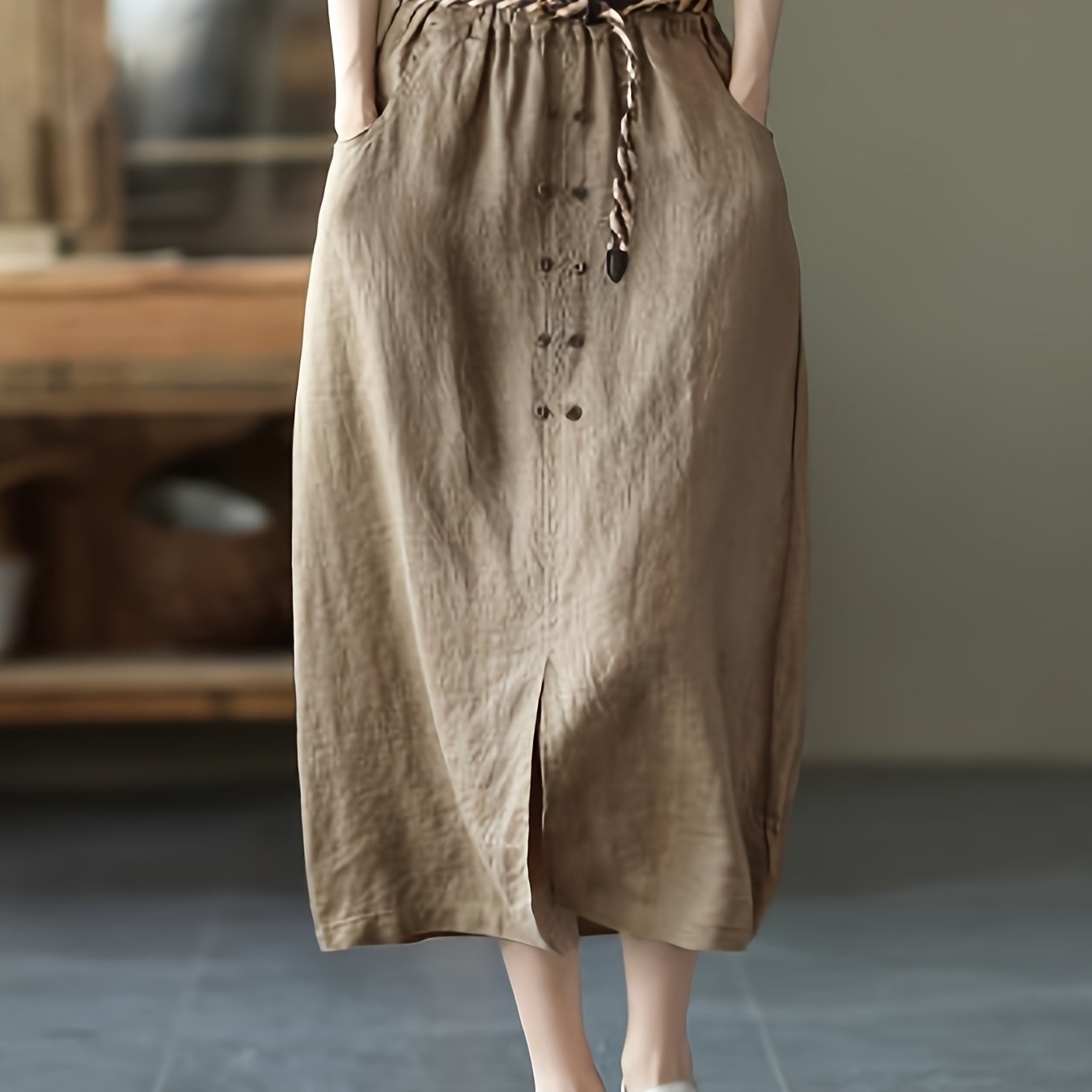 TEMU Women's Workwear A-line Skirt With Elastic Waist, Mid-length Solid Color Slit Skirt (belt And Drawstring Not Included)