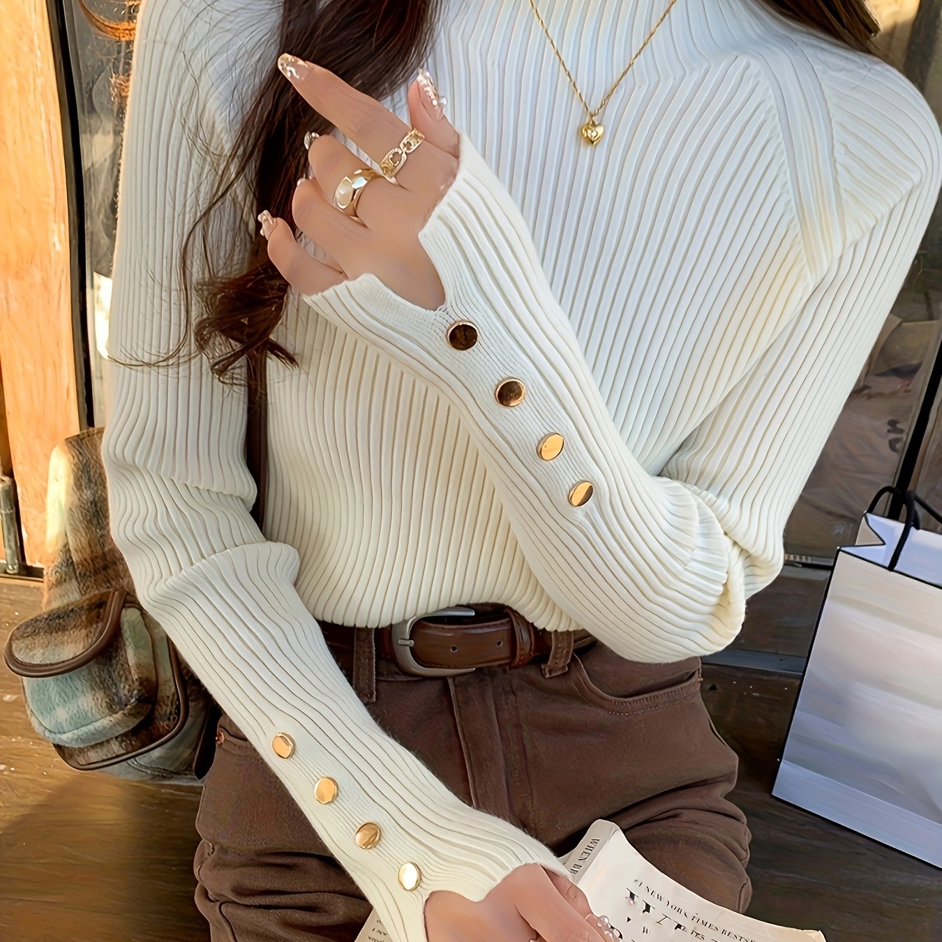 TEMU Pull haut tendance haut de gamme à col semi-, haut à manches longues intérieur