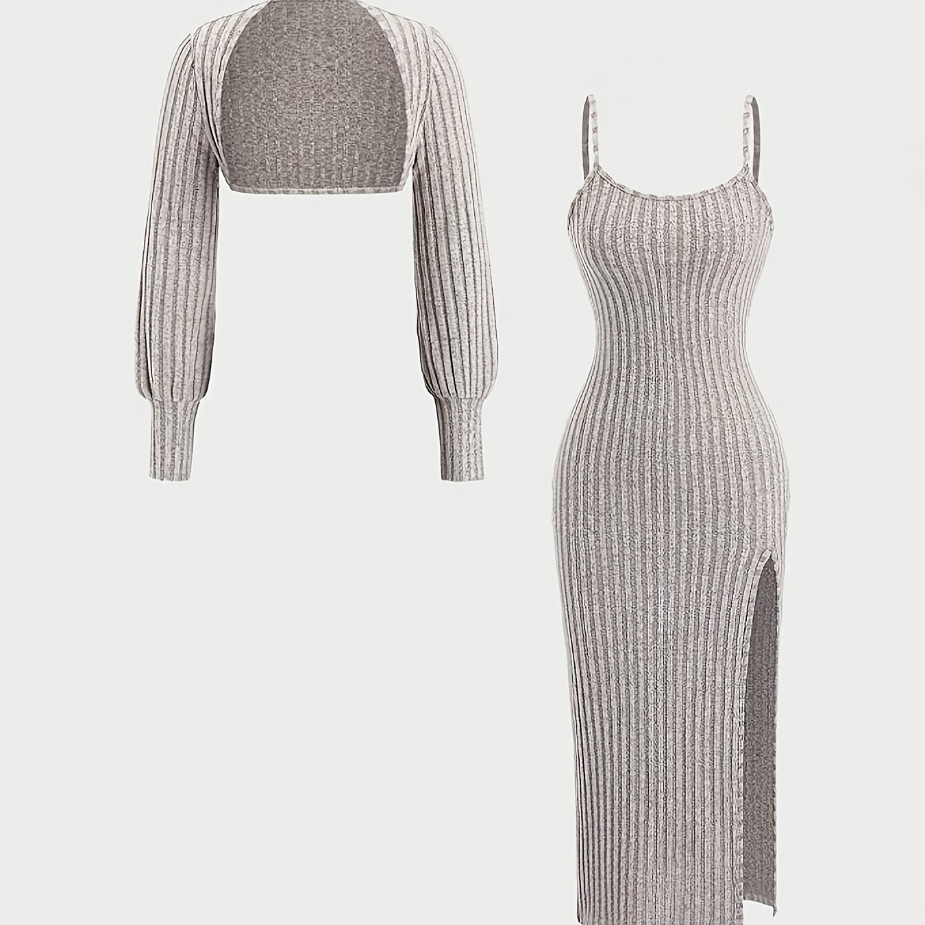 2pcs Dress Set: Long-sleeve Cropped Cardigan + Slit Cami Maxi Dress, Elegant Solid Color Brushed Ribbed Casual Outfit