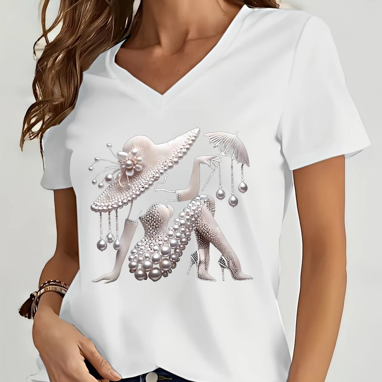 TEMU Letter Print T-shirt, Short Sleeve V Neck Casual Top For Summer & Spring, Women's Clothing