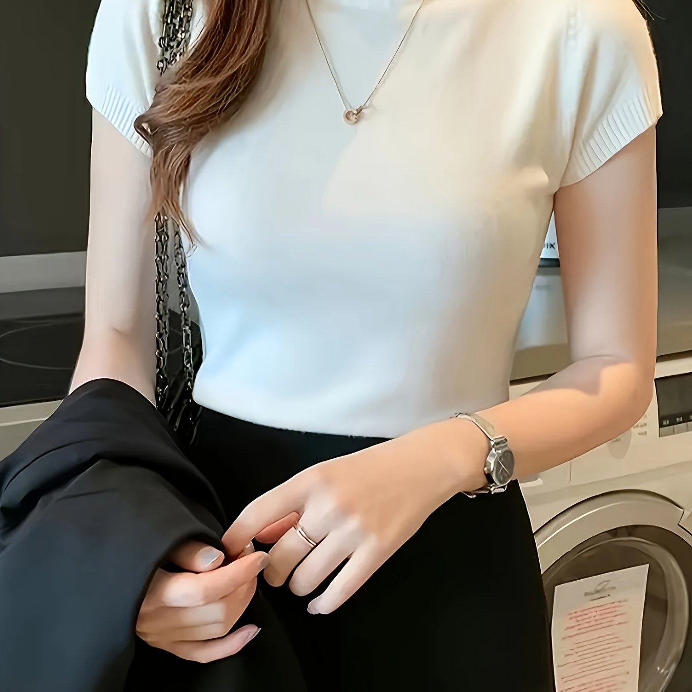 TEMU Women's Spring And Summer Versatile Short-sleeved Slim-fit Short-length Top With A Half-high Neck