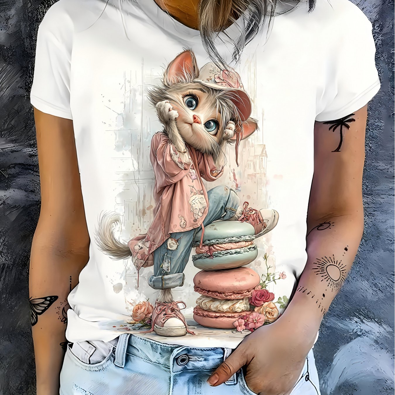 TEMU Macaron Cat Print T-shirt, Featuring A Kitten Wearing A Hat With Stacked Macarons And , Exuding A Sweet And Adorable Vibe. Cute And Fun, A