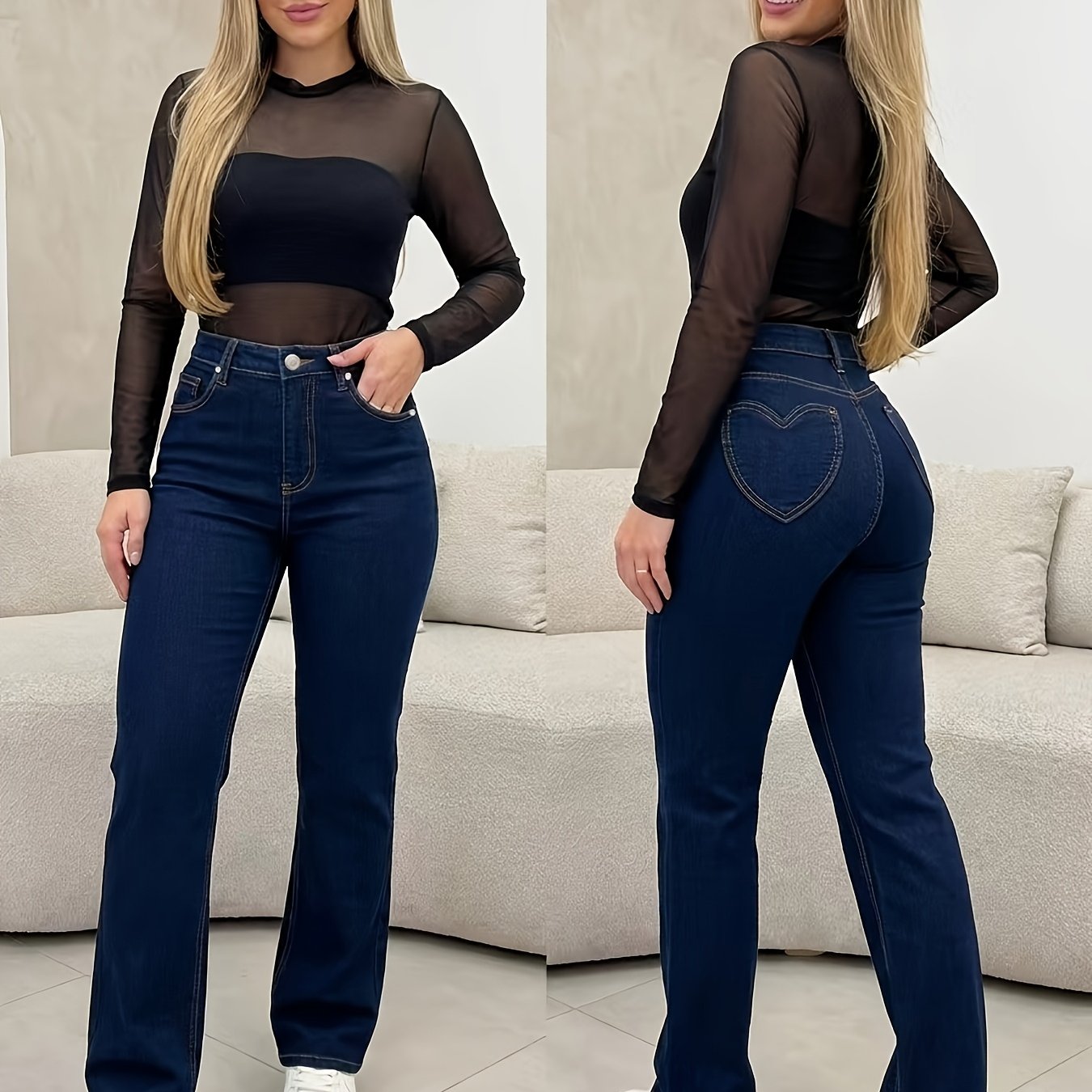 Image of Women's Stretch Denim Pants With Heart-shaped Back , Suitable For Fashionable Commuting And Streetwear