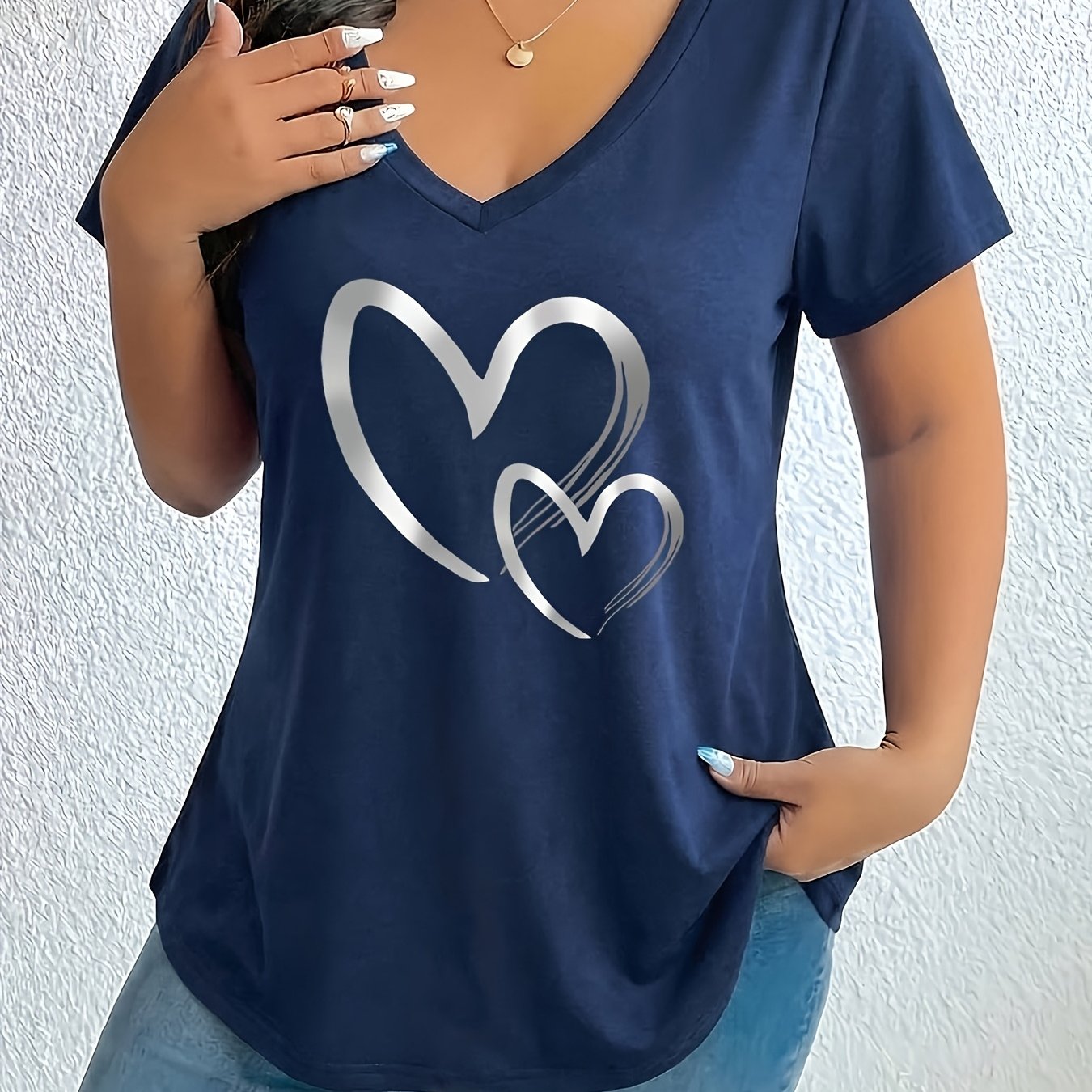 TEMU Plus Size, Plus-size Women's V-neck Solid Color Geometric Pattern T-shirt