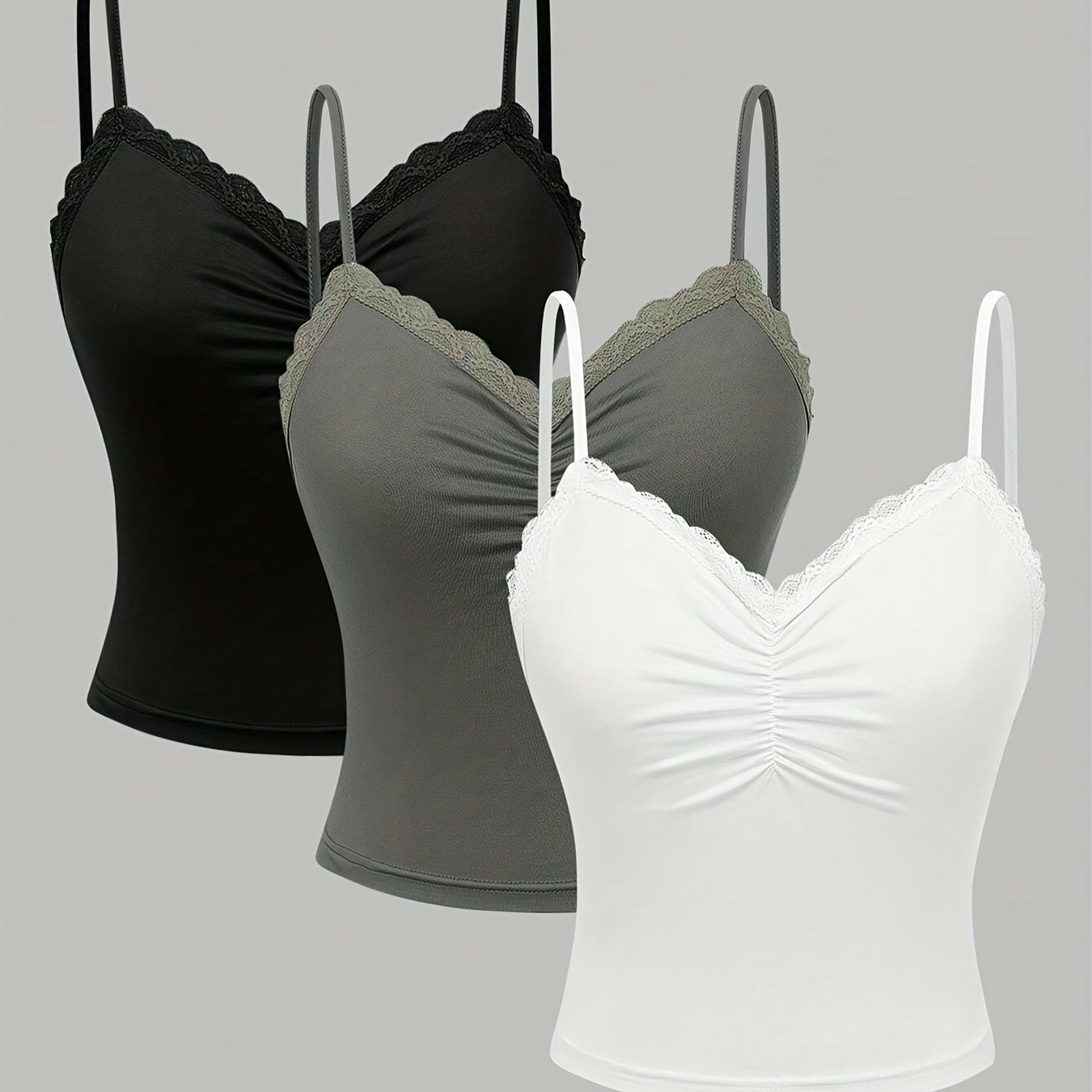 Women' Color Simple Thin Strap Contrast Lace Splicing Camisole Tank Top 3pcs Set