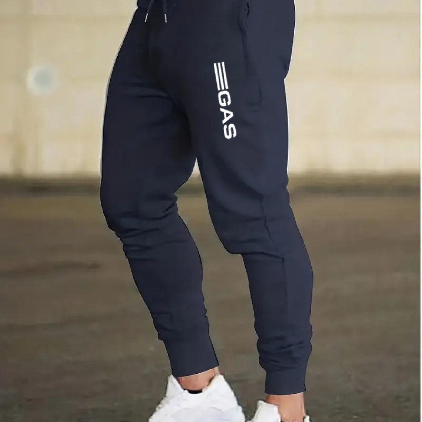 TEMU 1pc Men's Casual Athletic Pants, Drawstring Waist, Letter Gas Print, Polyester Knit Fabric, Stretch, Suitable For Outdoor Leisure