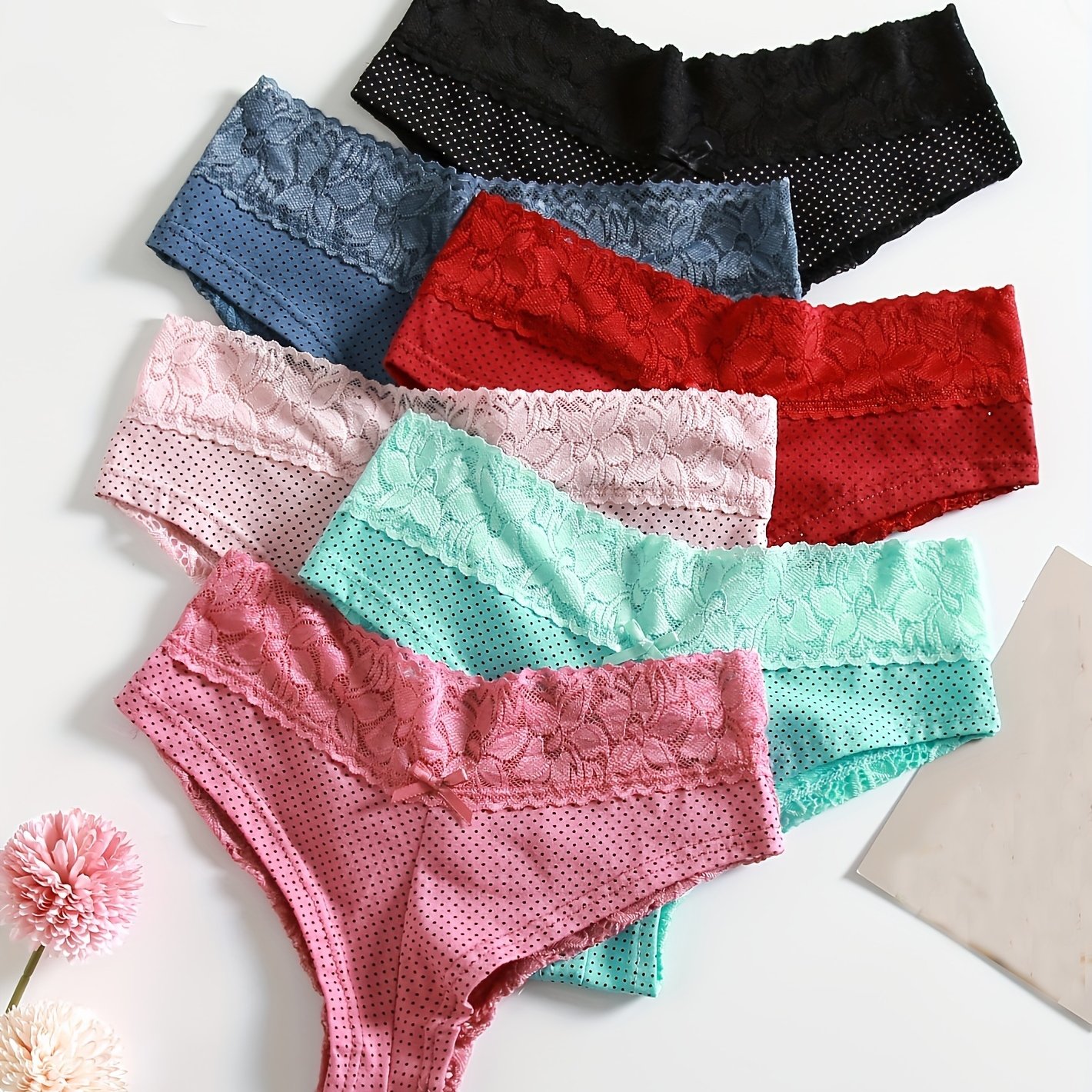 TEMU 6pcs Polka Dot Pattern Trendy Panties, Comfortable Contrasting Lace Panties, Women's Panties