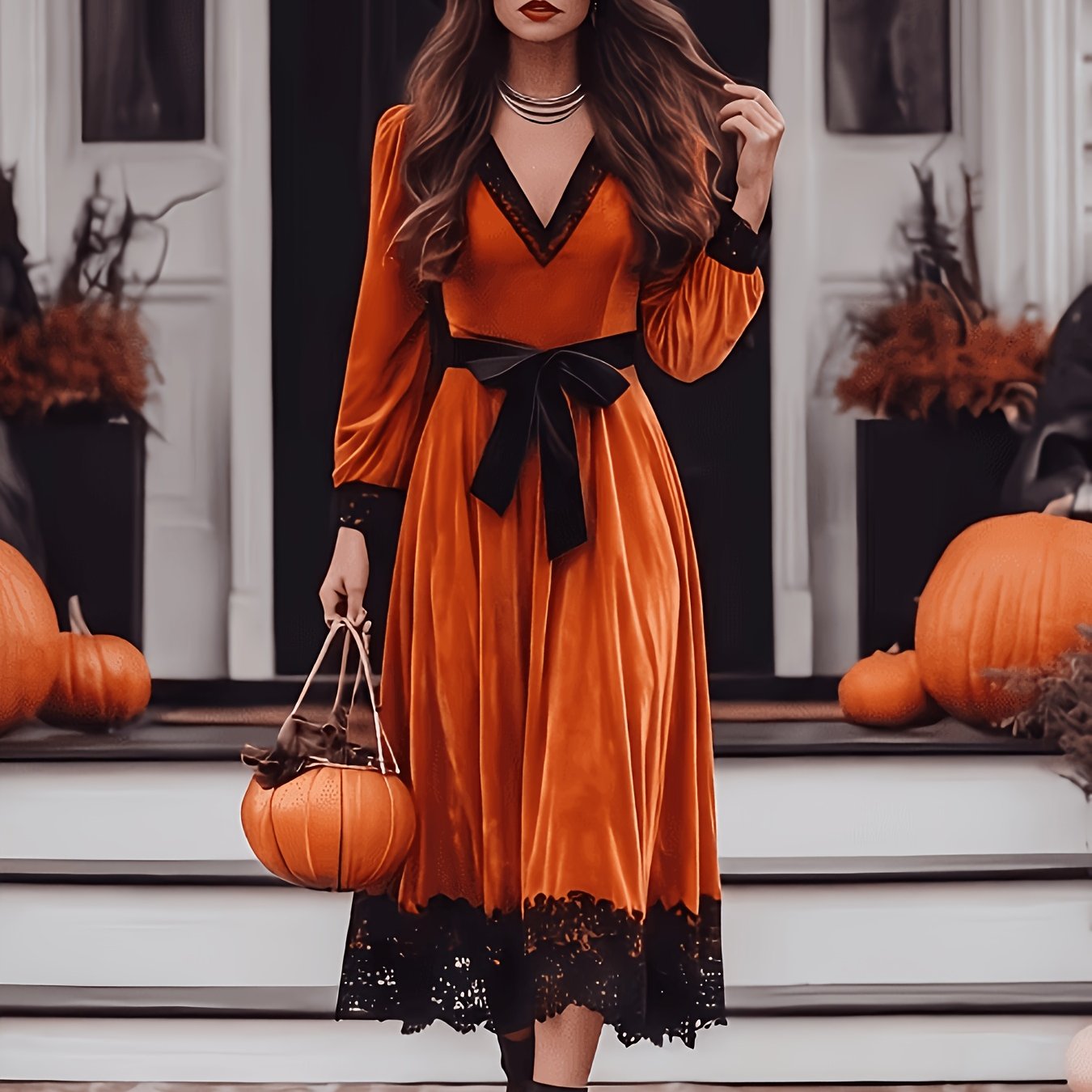 TEMU Robe de soirée vintage pour Halloween en velours rouge orangé avec décolleté en V , taille à avec lacets + ourlet en dentelle, patchwork de