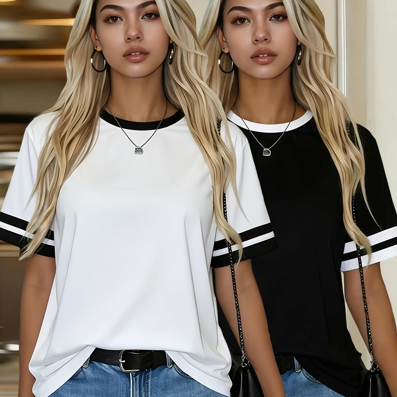 TEMU 2pcs Set Women's Fashion Tops, Spring Summer Casual Wear, Contrast Round Neck Milk Short Sleeve T-shirts, Comfortable Fabric, Suitable For Home