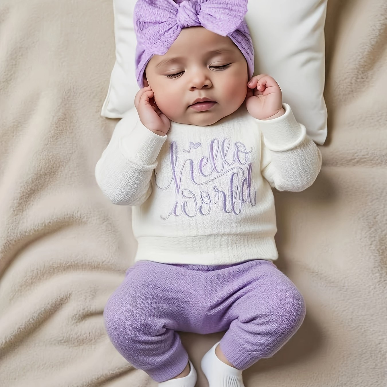 Image of 3pcs Newborn Embroidered Long-sleeve Top + Solid Color Pants Set + Hat, Kids' Casual Fashion Waffle Knit Set, Suitable For Outdoor Wear, Baby Boy/girl Outfit, Bath Gift, Newborn Photography Outfit
