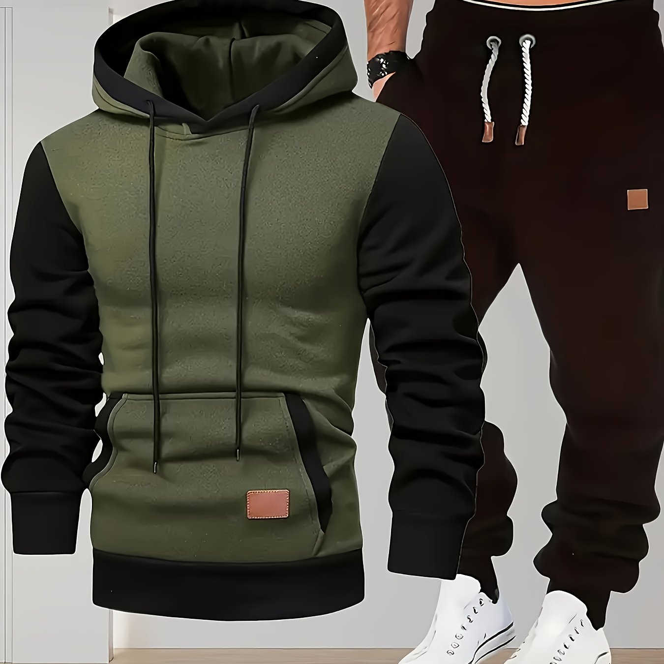 TEMU Men'-piece Sportswear Set Features A Color- Top With Unique Specifications, Suitable For Outdoor Activities , Autumn, And Winter. The Hoodie And