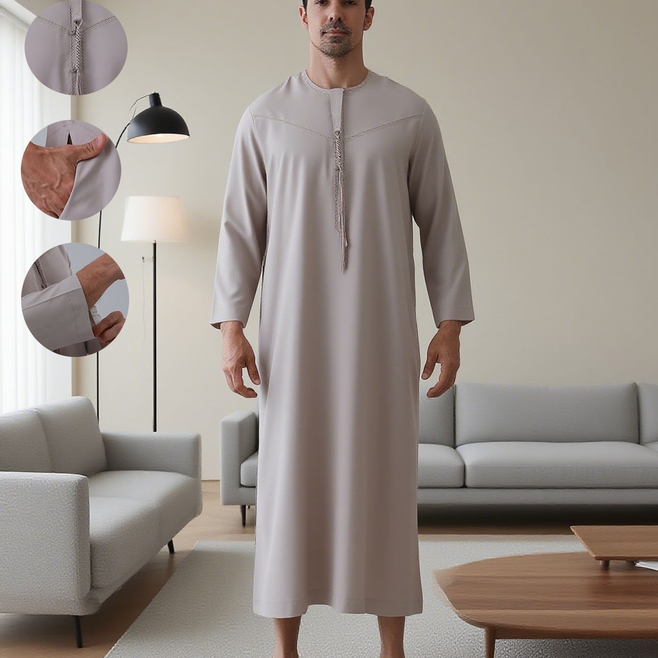 TEMU Men's Arab Robe And Dishasha Gown - Soft Loose-fitting Long-sleeve With Pockets, Cover-up, Religious Attire, Ethnic Patterns, Durable Material,