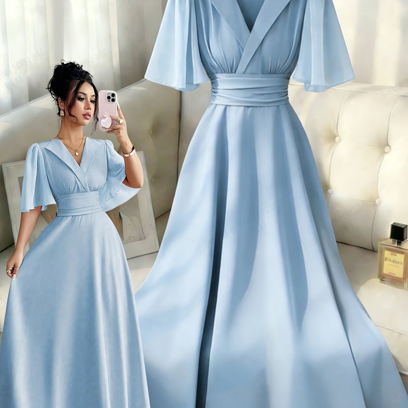 TEMU Women' Color Elegant Dress, New Summer V-neck A-line Flowing Dress For Casual To Formal Wear, Machine Washable
