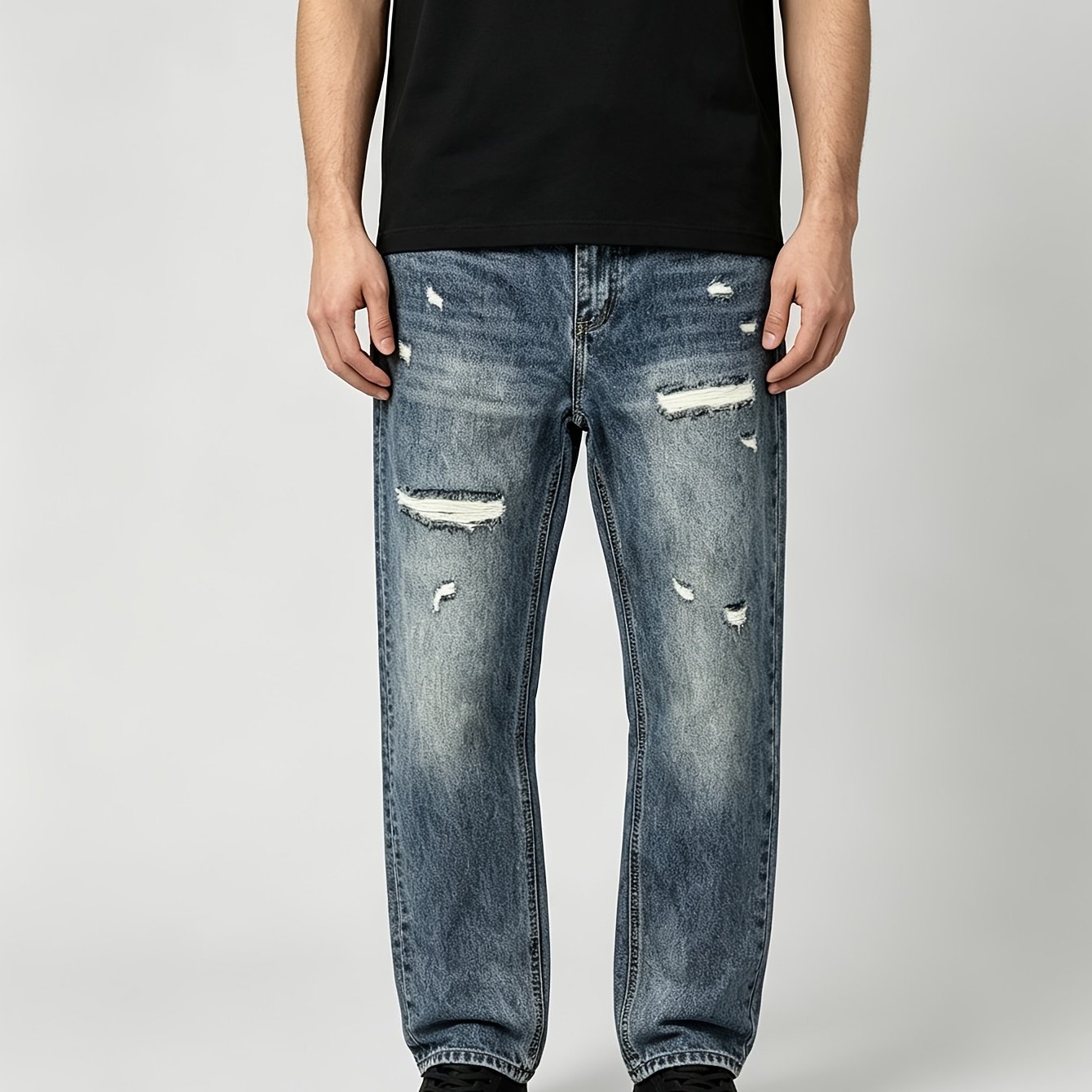 Image of Men's Vintage Distressed Washed Denim Jeans - Faded Ripped Frayed Hem Straight Leg Pants, Washed Suitable For - Wear, Machine Washable Regular Fit Streetwear For Casual Outfits (no )