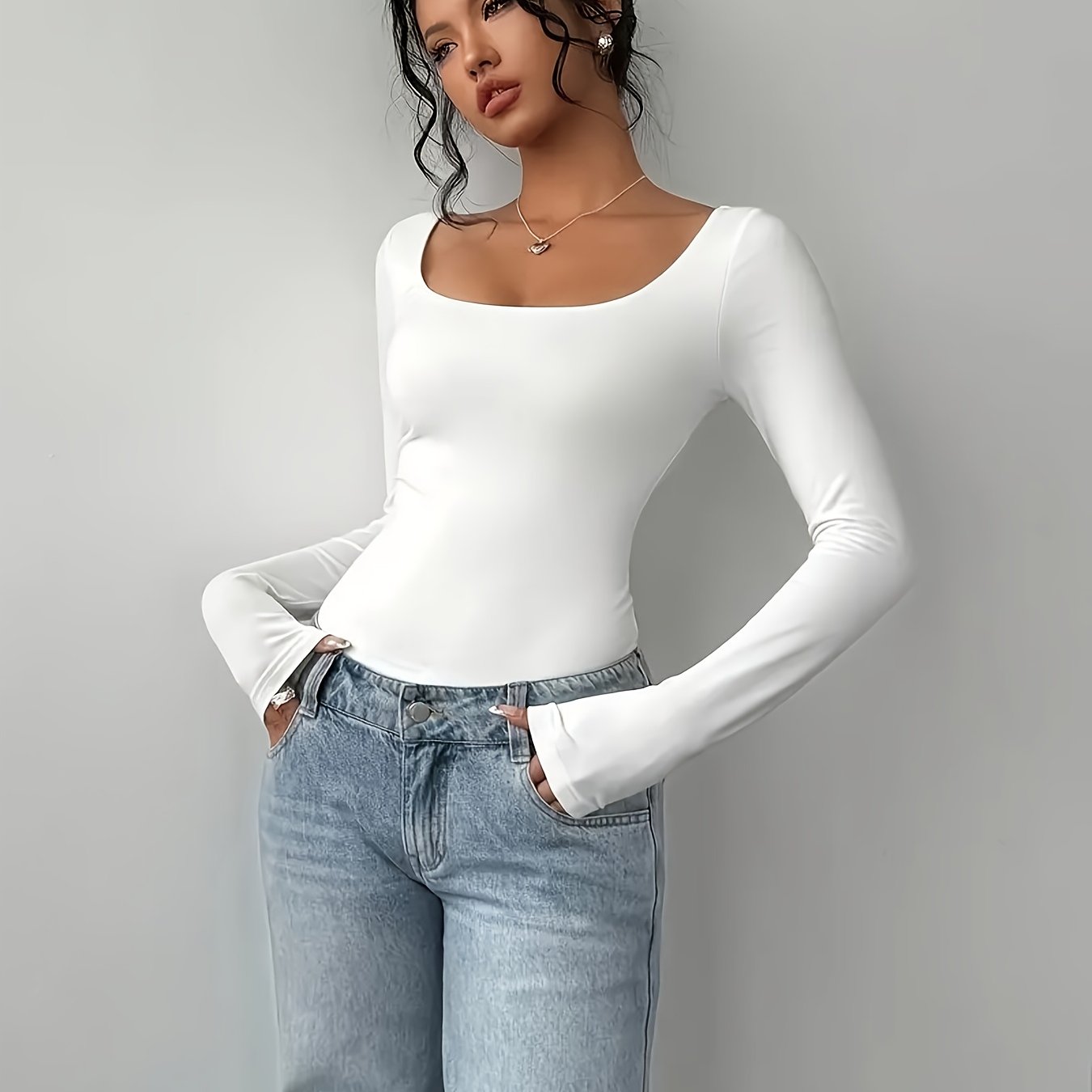 E-shop Damen Soft Slim Fit Langarm Rundhals T-Shirt - Dehnbares Top, Unifarbenes H-Form Schnitt, Ganzjahres Freizeit- und Business-Outfit, Handwäsche,
