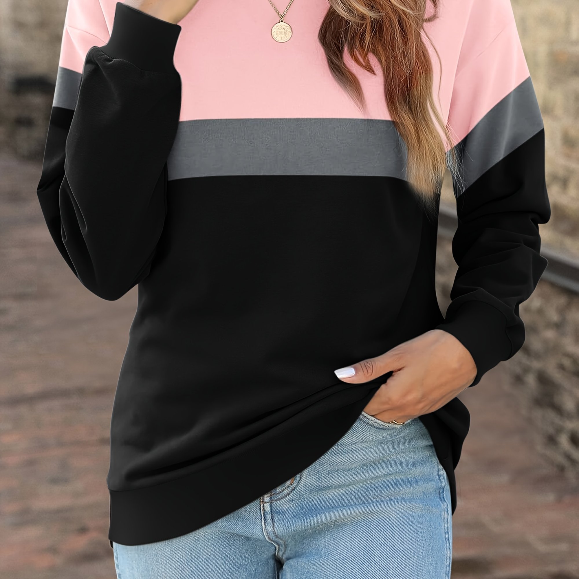 Round Neck Color Block Casual Drop Shoulder Long Sleeve Pullover