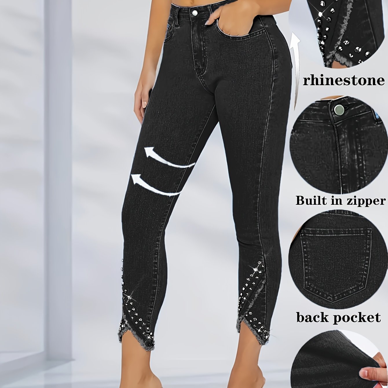Image of -hem Light Luxury Diamond Women's High-stretch Skinny Jeans