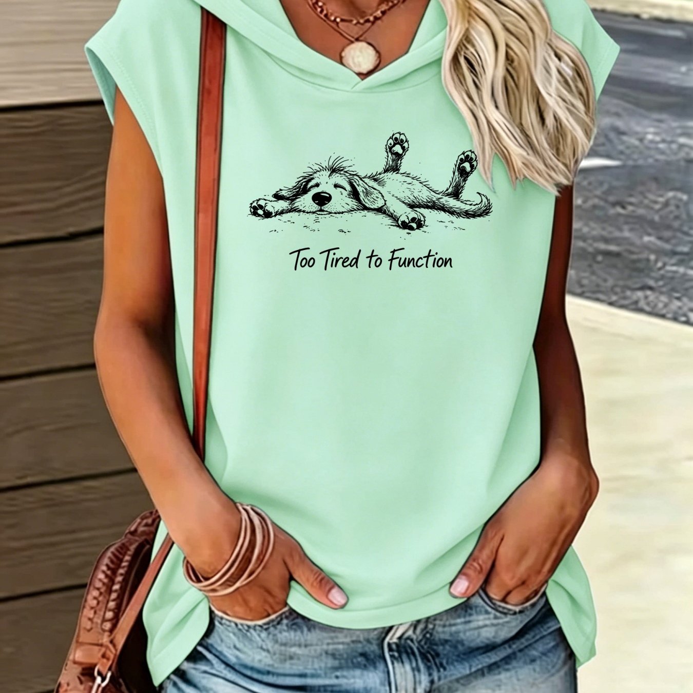TEMU Women's Hooded Pullover Top New Summer Hand Drawn Sketch Print With Lying Puppy And Funny Slogan Casual Sweet Cool Loose Breathable Lazy Style