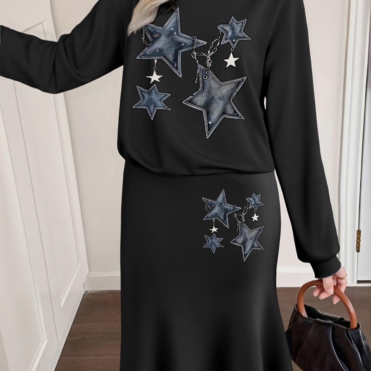 TEMU Vintage Elegant 2pcs Set With Pentagram Print, Crew Neck Sweatshirt And High-waist A-line Maxi Skirt, Light Party Outfit C5 q6