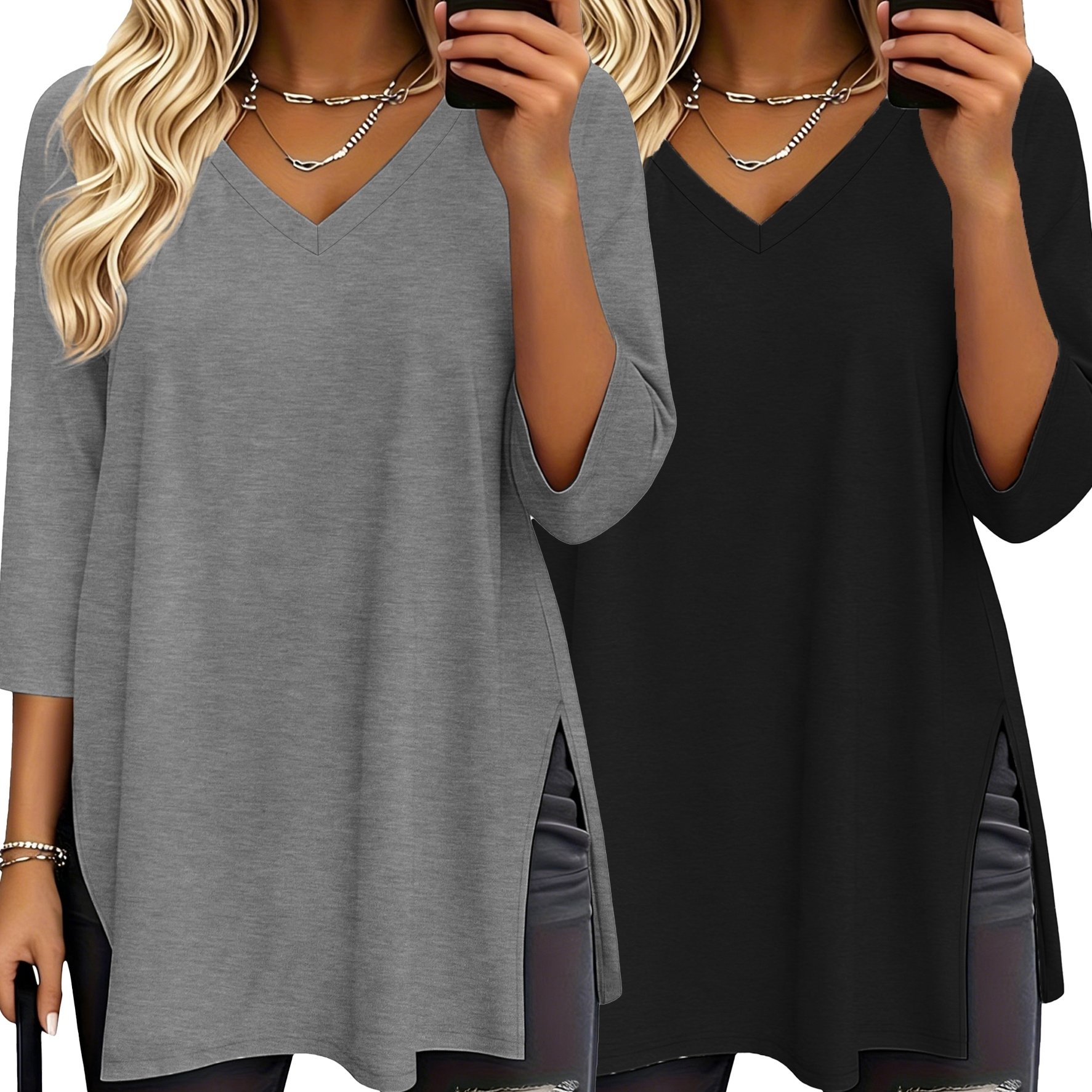 E-shop 2-teiliges Set in Übergröße, modische neue Frühlings-/Sommerkleidung für Damen, locker geschnittenes T-Shirt mit Seitenschlitz, einfarbiges