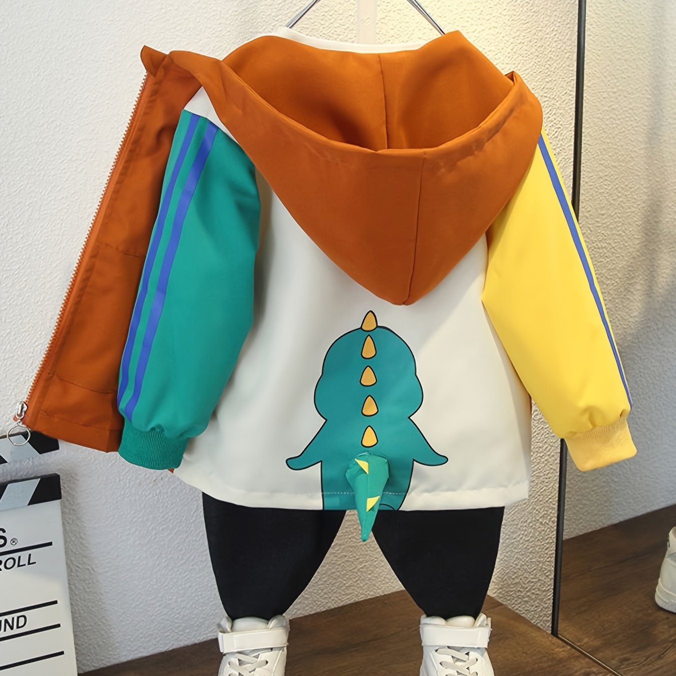 Image of Children's Spring Autumn Coat Boy Cute Hooded Trench Coat Adorable Boy Korean Style Cool Dinosaur Top
