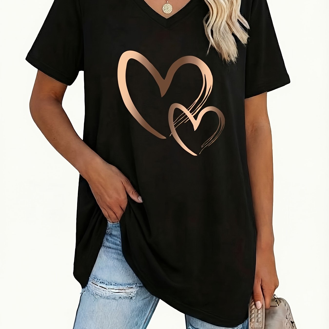TEMU Plus Size, Plus Size Women's V-neck Geometric Pattern T-shirt