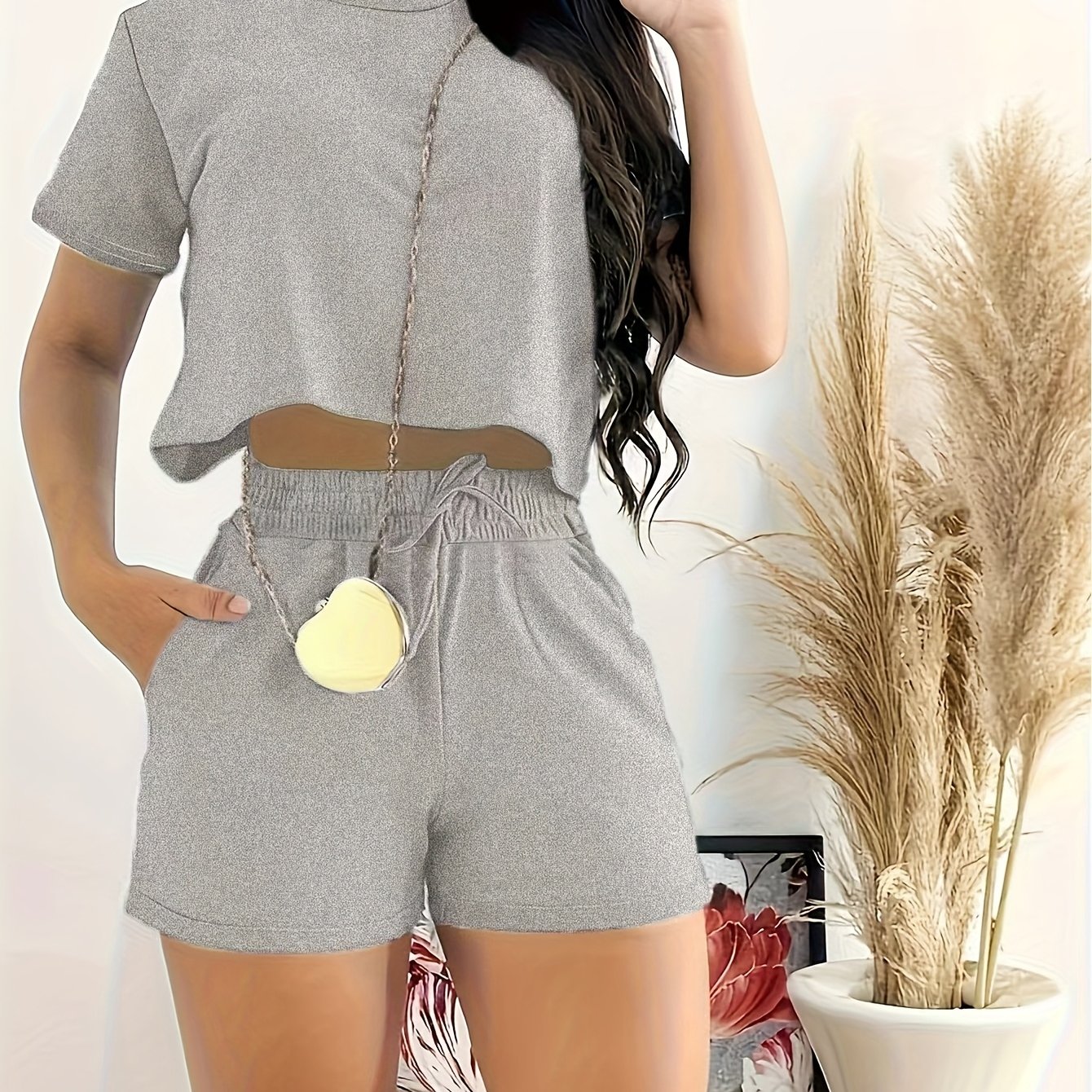 TEMU Top elegante de manga corta y color sólido para uso casual, pantalones cortos con botón, traje de mujer con bolsillos, regalo de