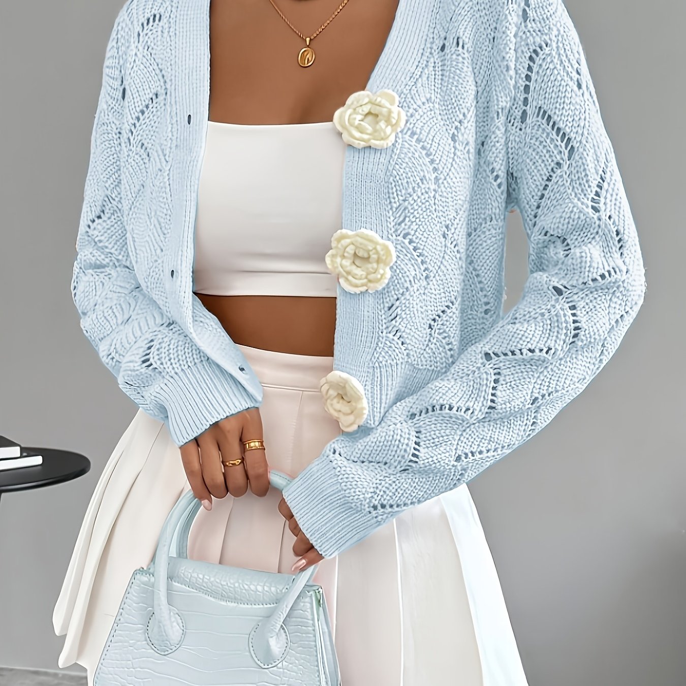 TEMU Spring 2026 Spring/summer Women's Handcrafted 3d Floral Embellishment Western Fashion Elegant Solid Lace Crochet Cardigan Top Jacket Women's,