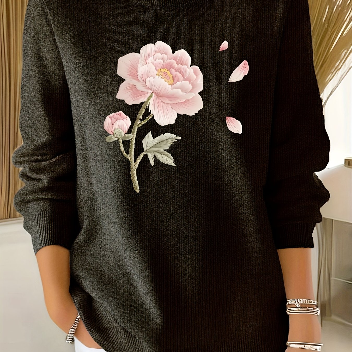 TEMU 2d Printed Embroidery-like Women's Commuter Versatile Fine Sweater, Comfortable Fabric, Long Sleeve Sweater With "flower Embroidery" Pattern