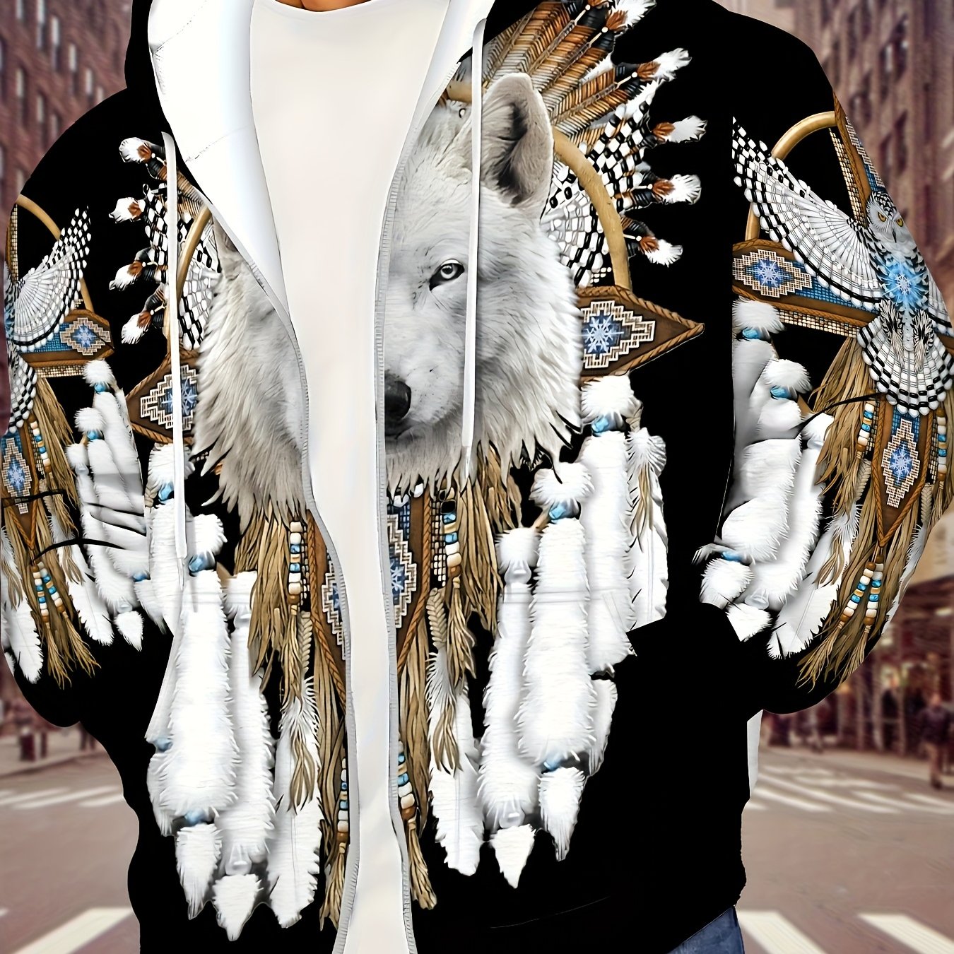 TEMU Sweat à capuche homme à manches longues avec fermeture éclair, motif blanc, veste décontractée pour printemps et automne avec cordon et poches,
