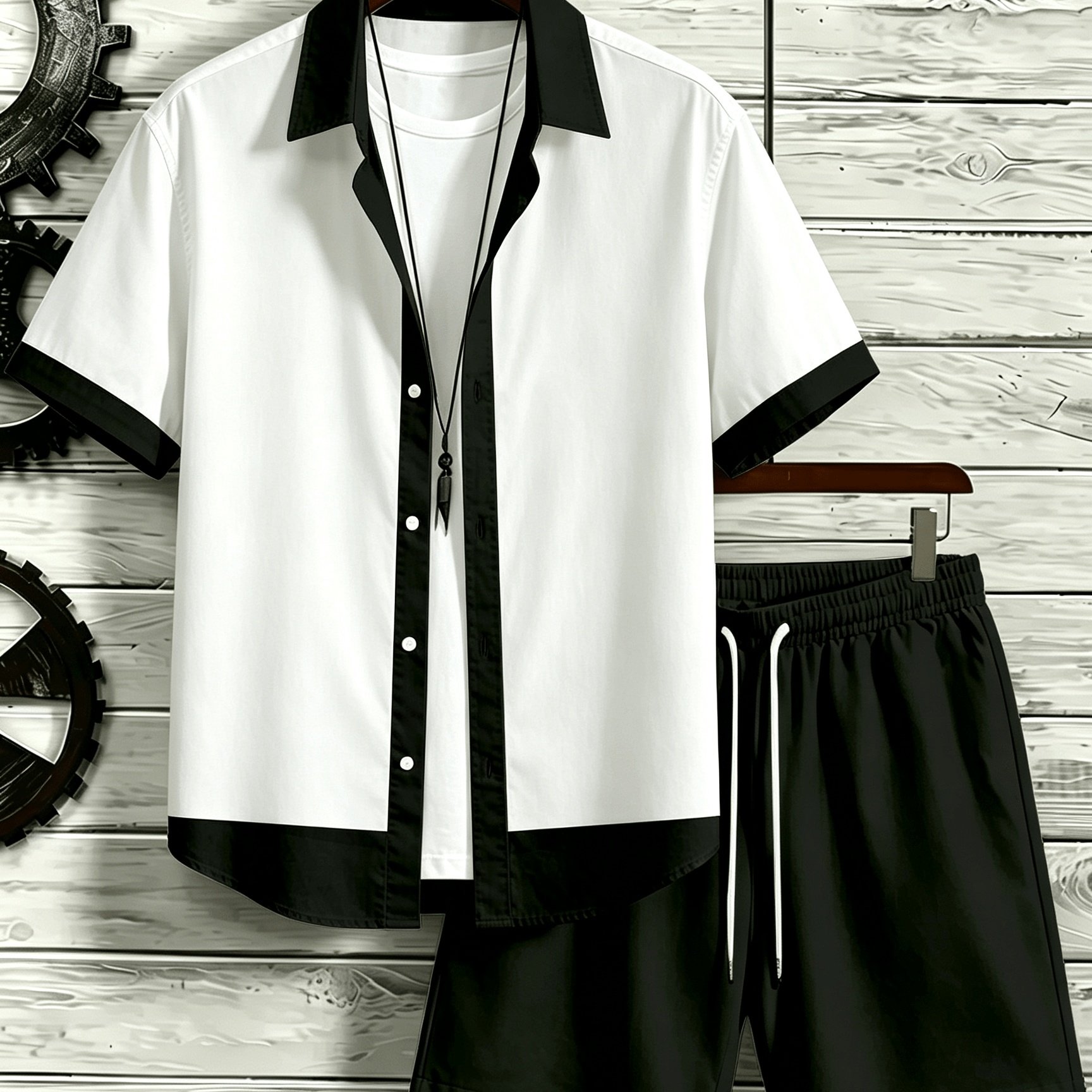 TEMU Men's Color Block 2pcs Outfits, Short Sleeve Button Shirt & Elastic Waist Drawstring Shorts Set, Summer Casual Beach Vacation Matching Co-ord