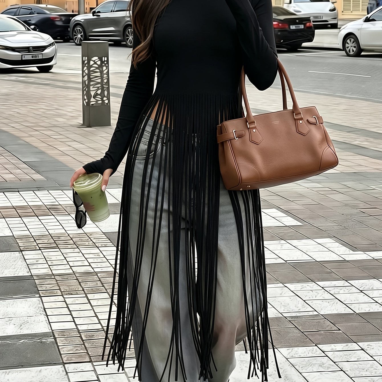 TEMU Women's Fashion Round Neck Long Sleeve Tassel T-shirt, Slim Long Length Hem Drape Drifting Tassel Top, Fall Winter Base Layer For Layering,
