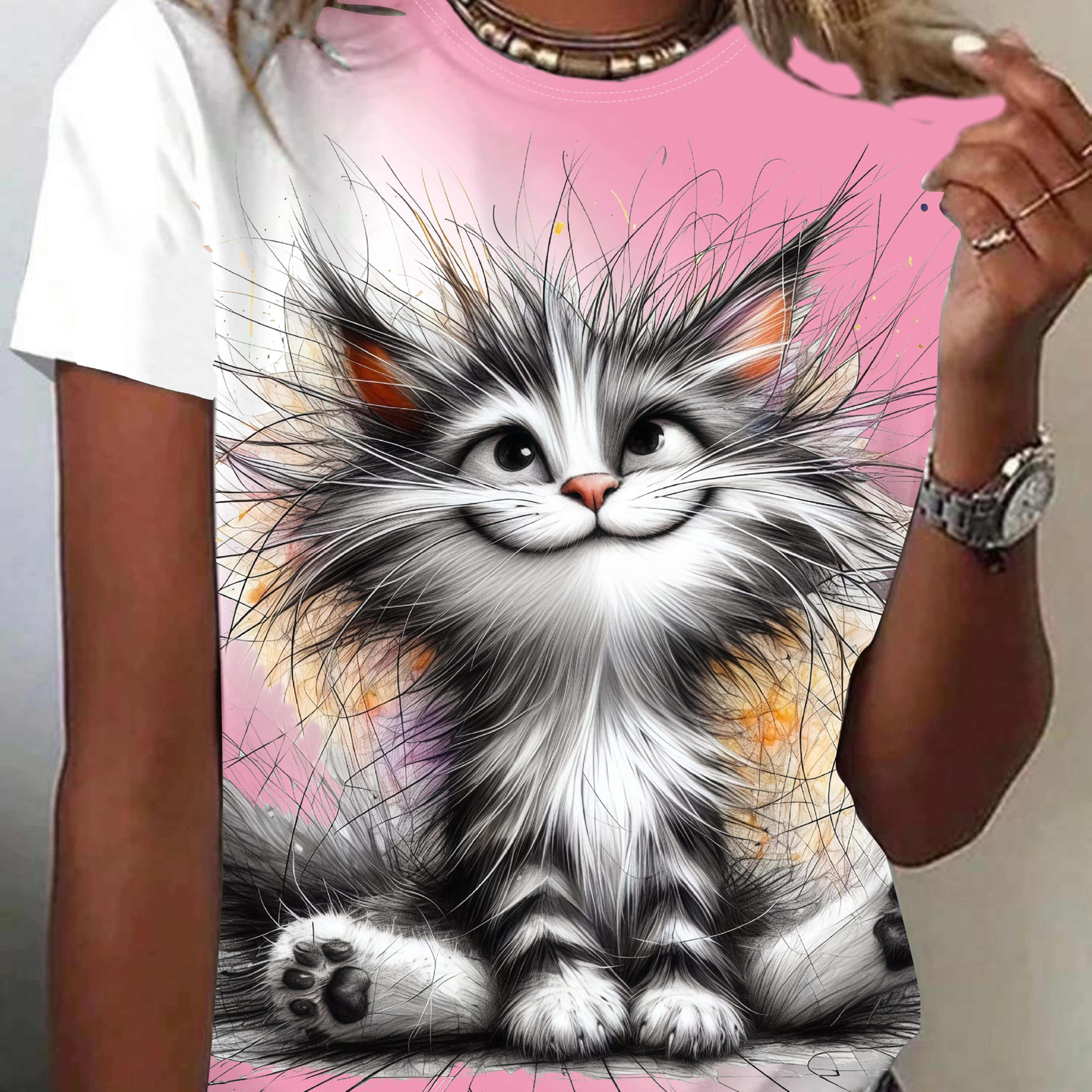 E-shop Tie-Dye Fun Cartoon Katzenmuster Rundhals Kurzarm Top, Weicher und Bequemer Stoff, Elegant und Süß