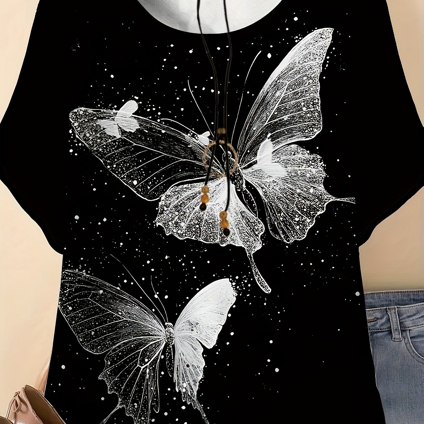 TEMU Plus Size, Women's Casual Short Sleeve T-shirt With Elegant Print - Soft Polyester And Elastane Blend, Machine Washable, Round Neck, Fabric, ,