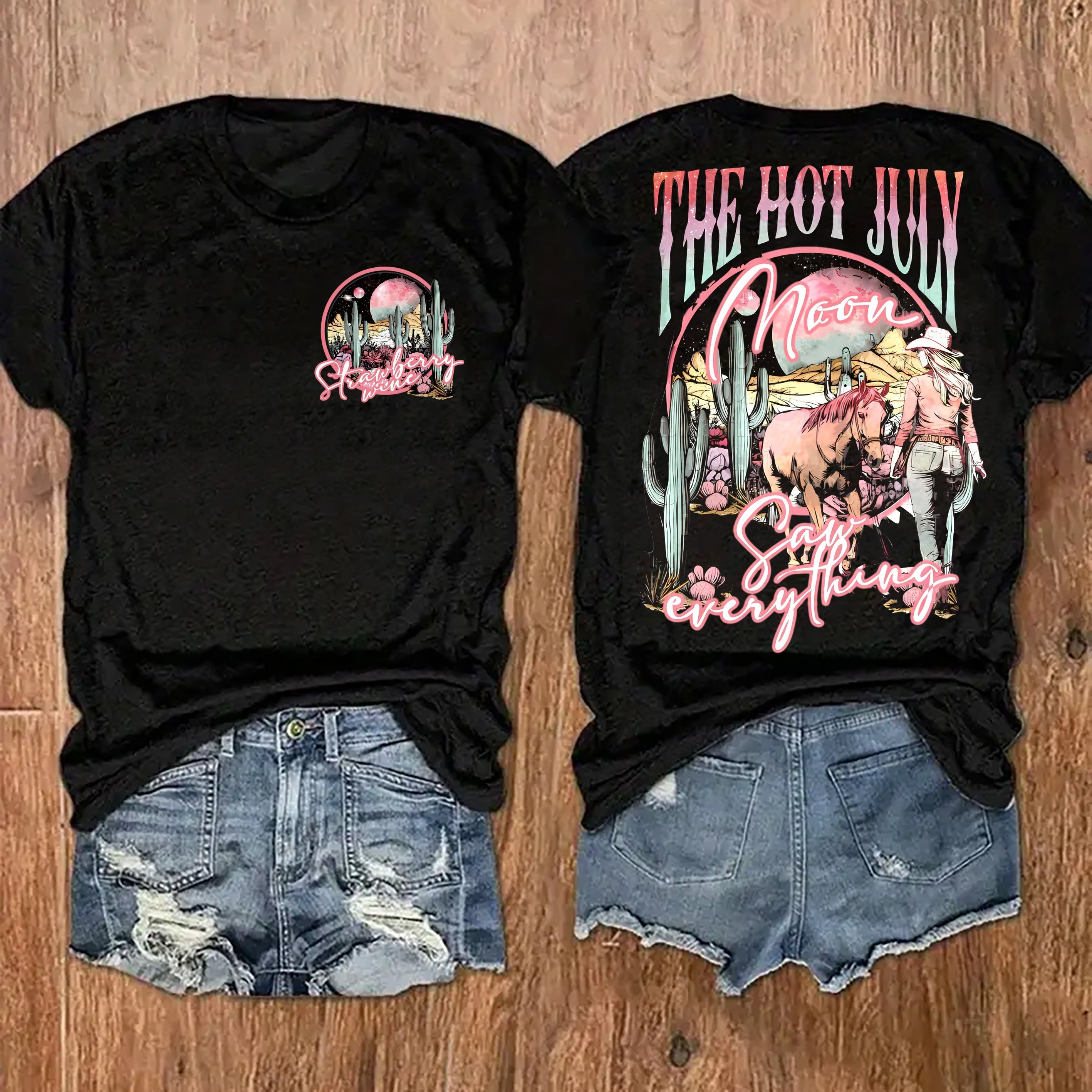 TEMU T-shirt à imprimé graphique, haut décontracté à manches courtes et col rond pour l'été et , vêtements pour femmes
