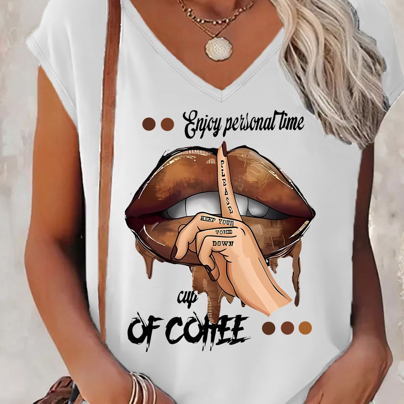 TEMU With Slogan And Lips Print Enjoy Personal Keep Make A Cup Of Coffee Printed V-neck Casual And Versatile Vest With Wide Shoulder Straps, Holiday