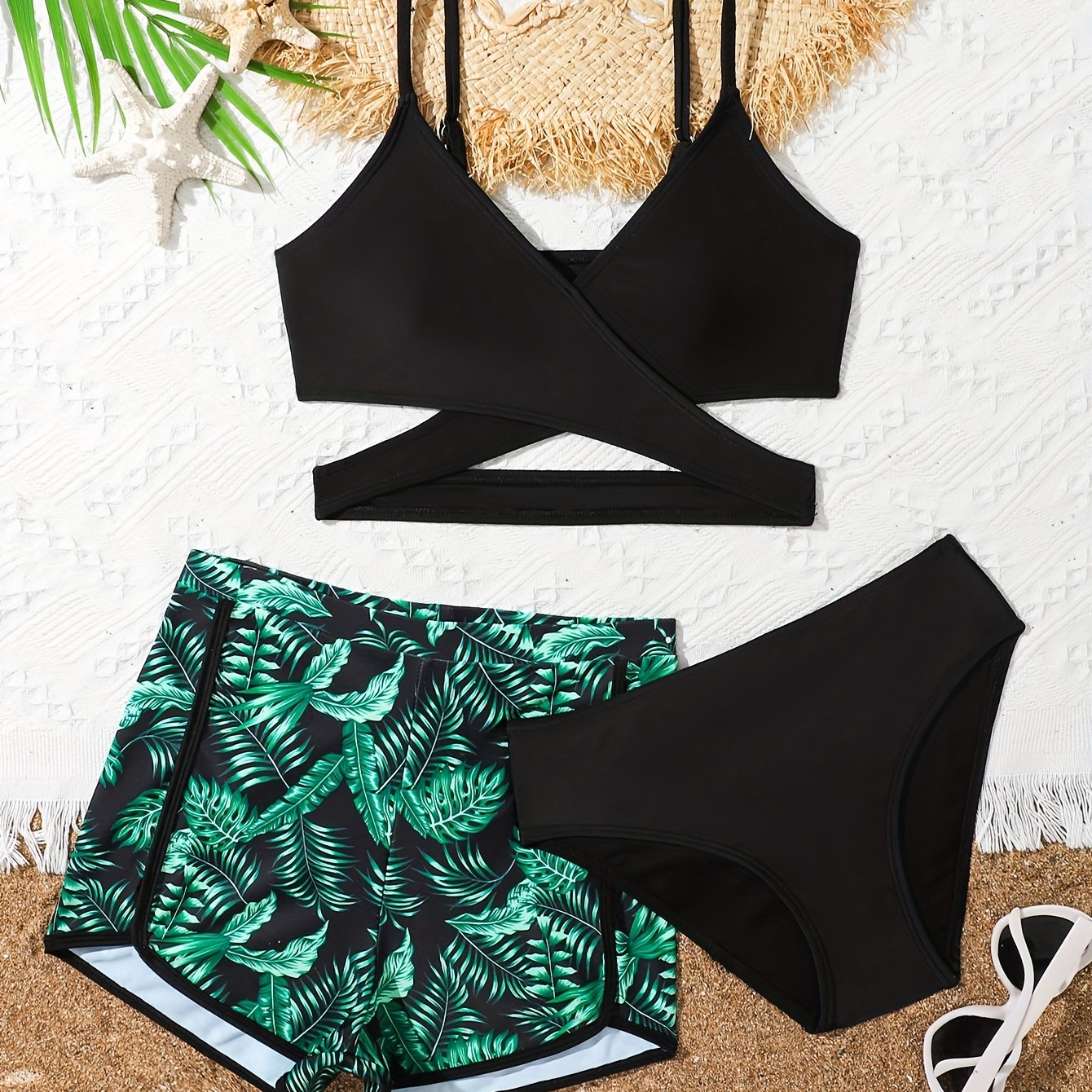 Fashionable Tropical Leaves Print Girls' Beach Vacation Bikini Set