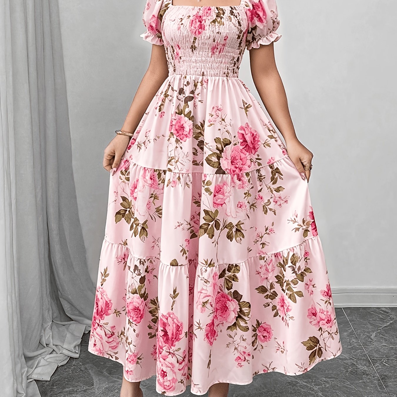 TEMU Fashionable Temperament Elegant Mid-length Floral Print Wrap Dress Women's 906