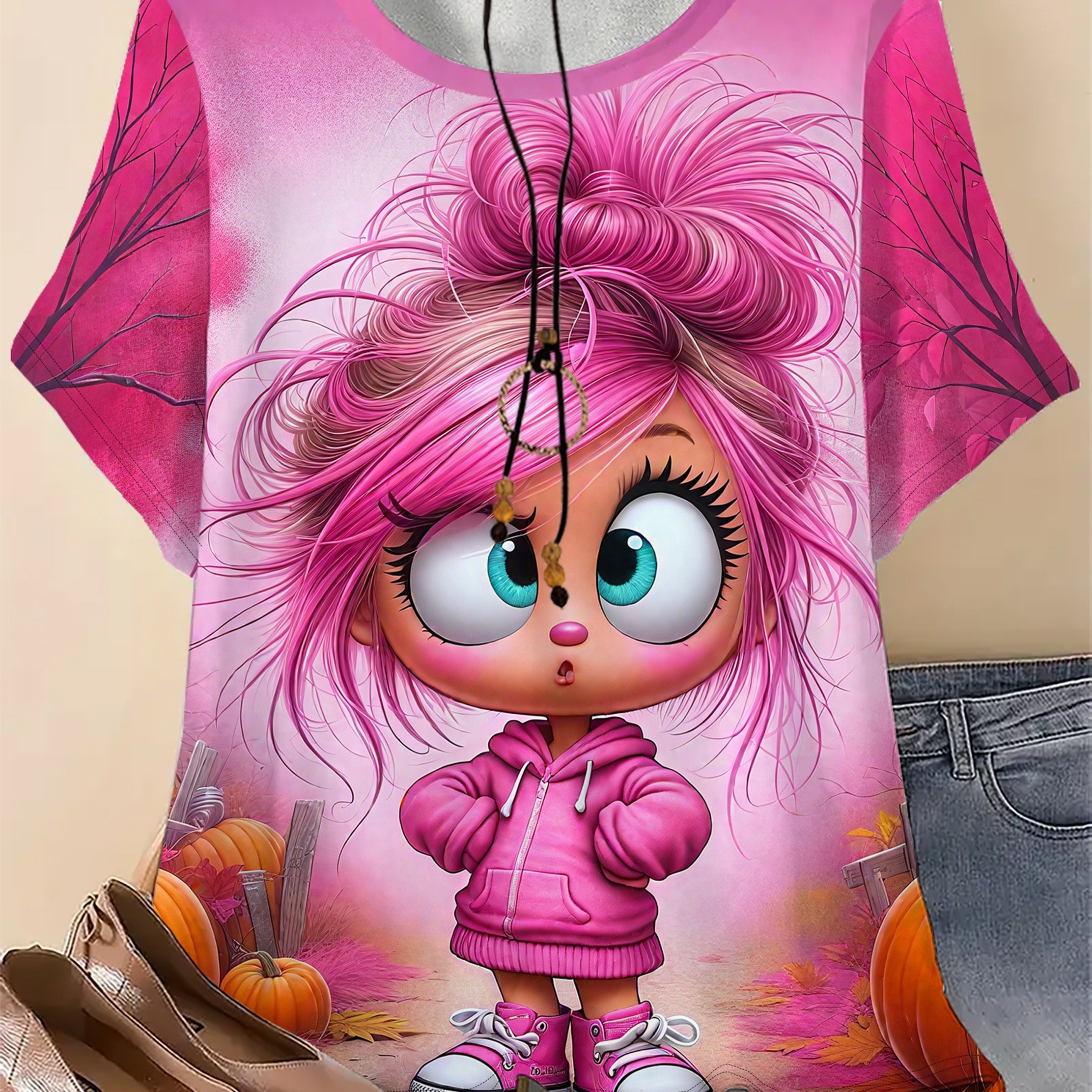 TEMU T-shirt grande taille à imprimé dessin - T-shirt d'été brillant à manches courtes rose, vêtement de jeu décontracté d'extérieur, joli design à