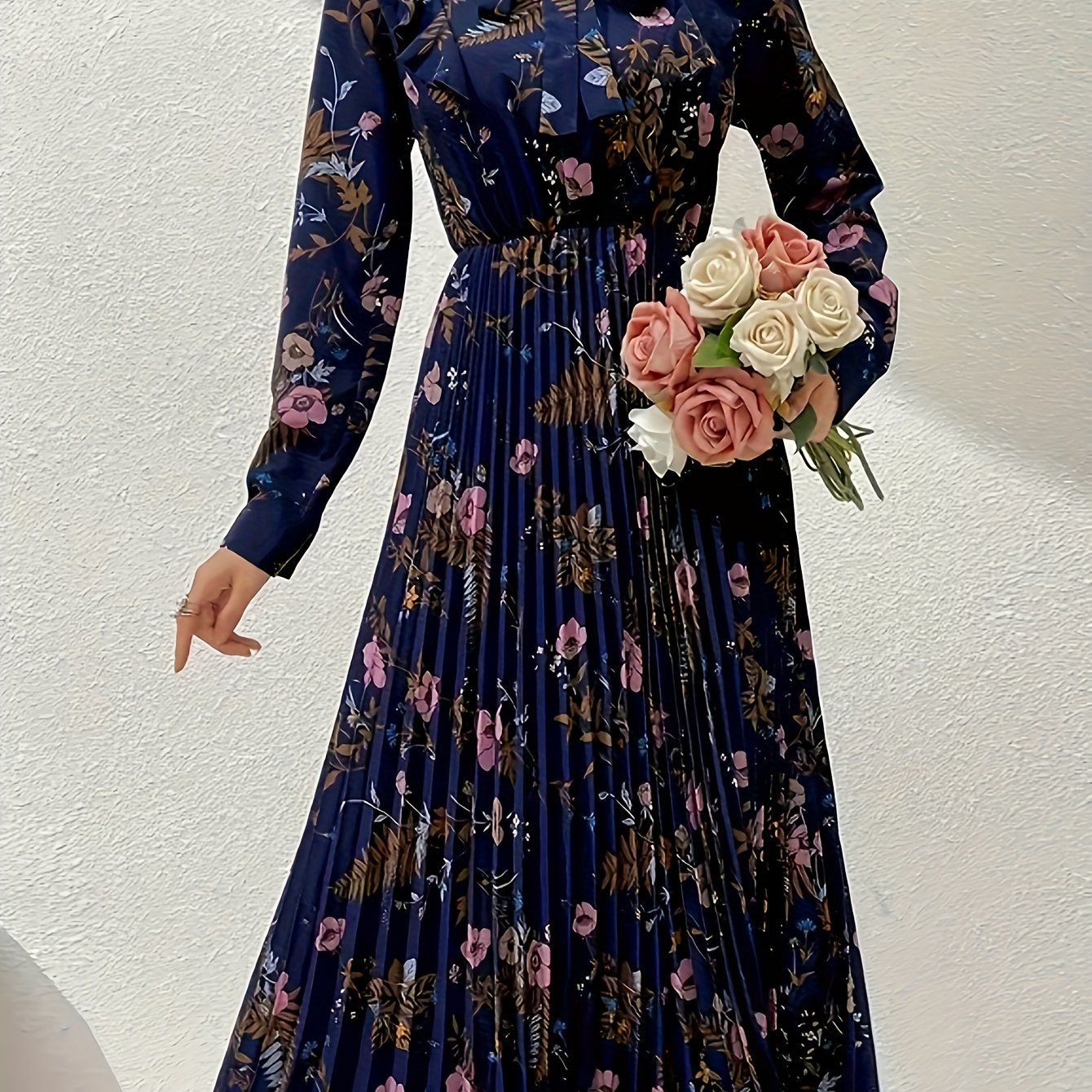 E-shop Blumenmuster Hemd-Kleid mit Bindegürtel und Rüschenbesatz, Elegantes, langärmeliges, plissiertes A-Linien-Schwing-Kleid, Damenbekleidung